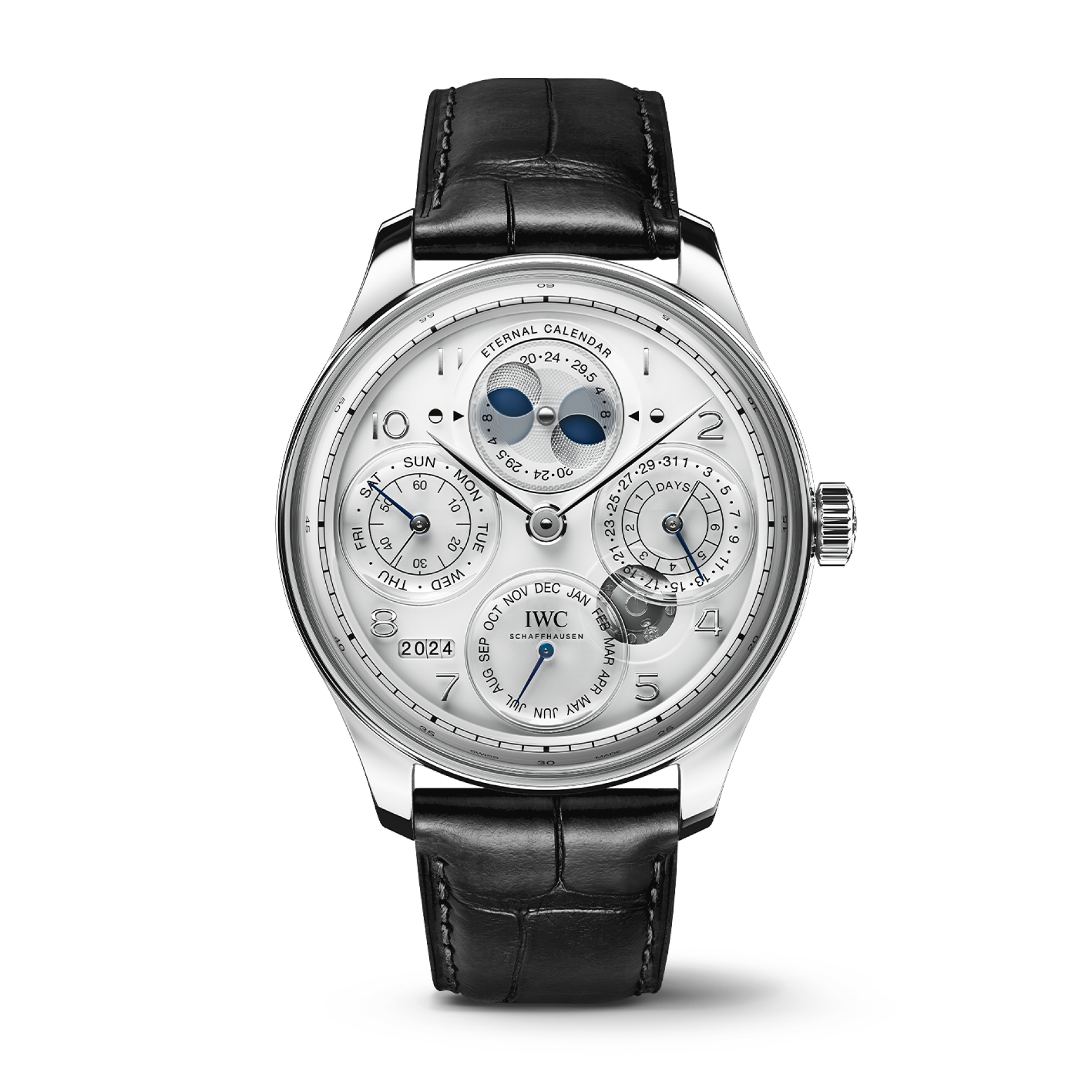 IWC Schaffhausen Portugieser Eternal Calendar 44.4 mm White Dial Platinum Black   Leather Strap IW505701 - WATCHXNYC