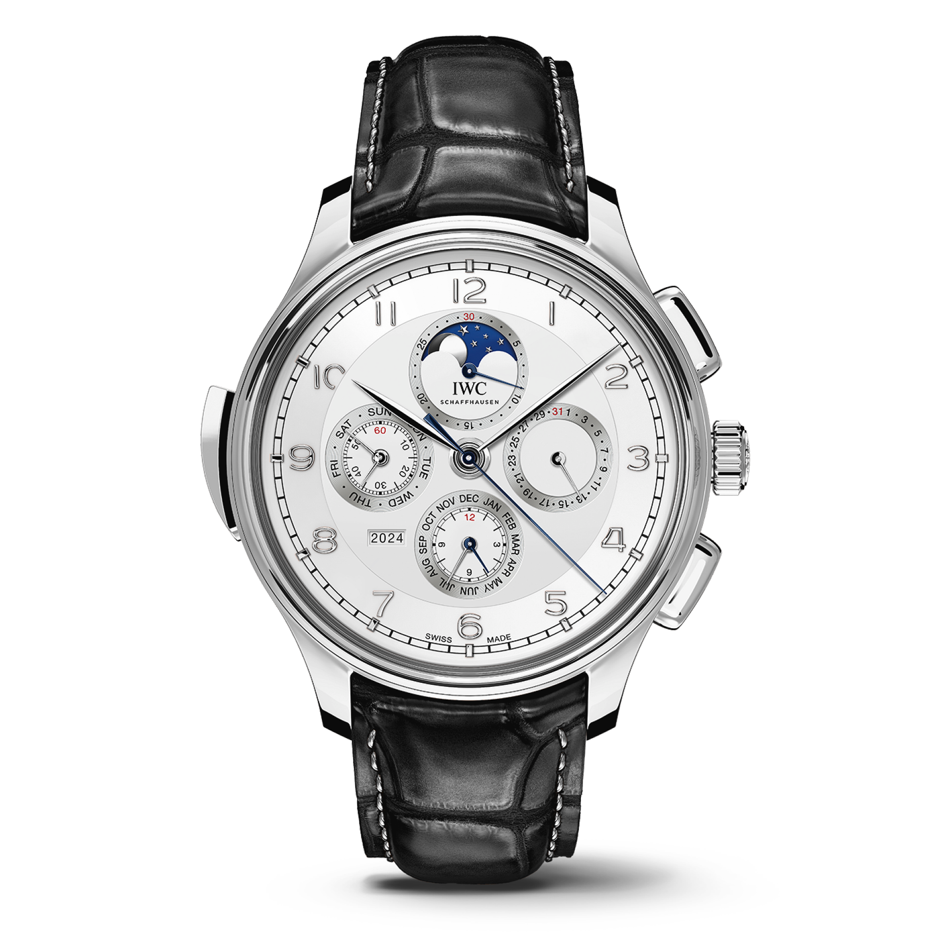 IWC Schaffhausen Portugieser Grande Complication 45 mm Silver Dial Platinum Black   Leather Strap IW377601 - WATCHXNYC