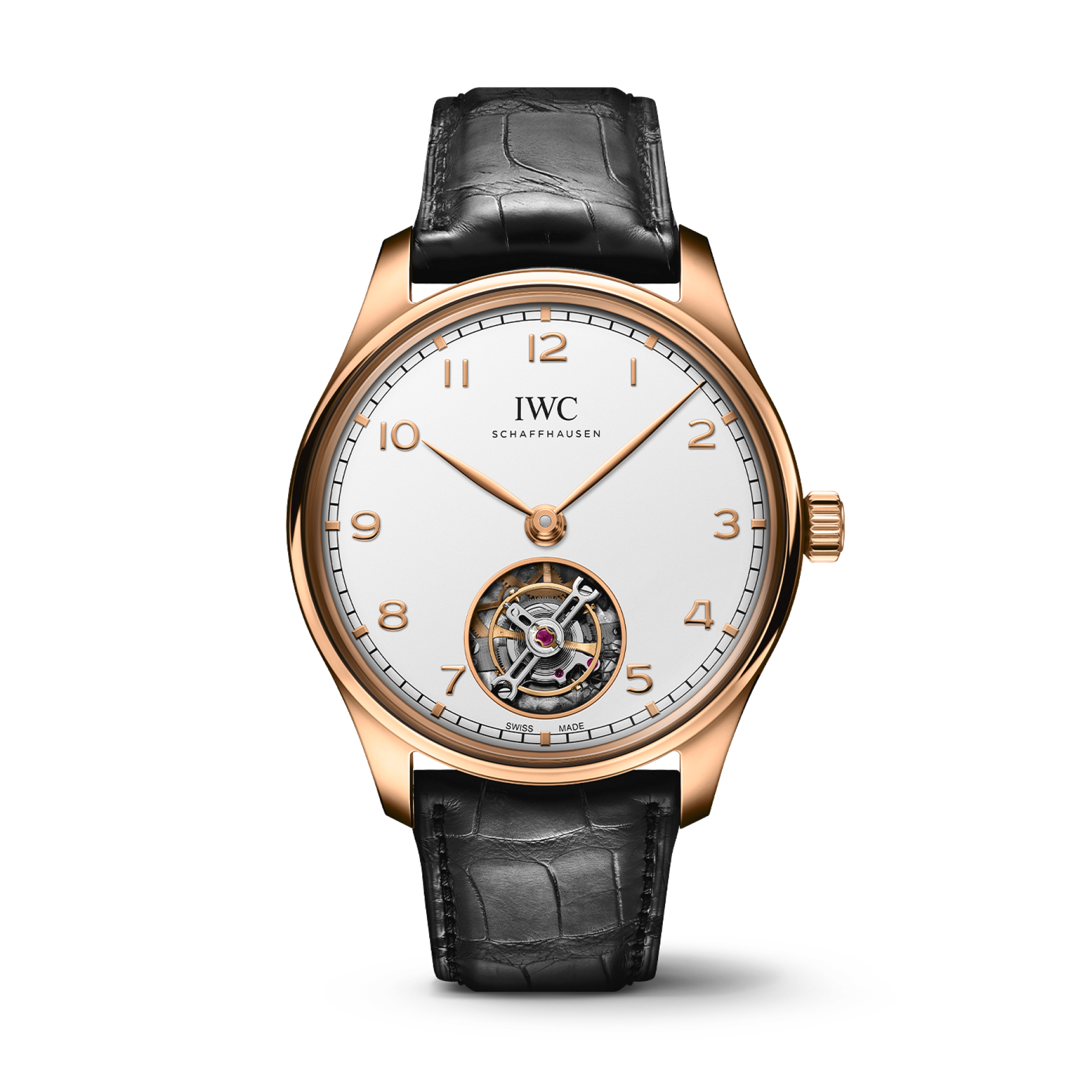 IWC Schaffhausen Portugieser Hand-Wound Tourbillon 42.4 mm Silver Dial 18k Armor Gold Black   Leather Strap IW545801 - WATCHXNYC