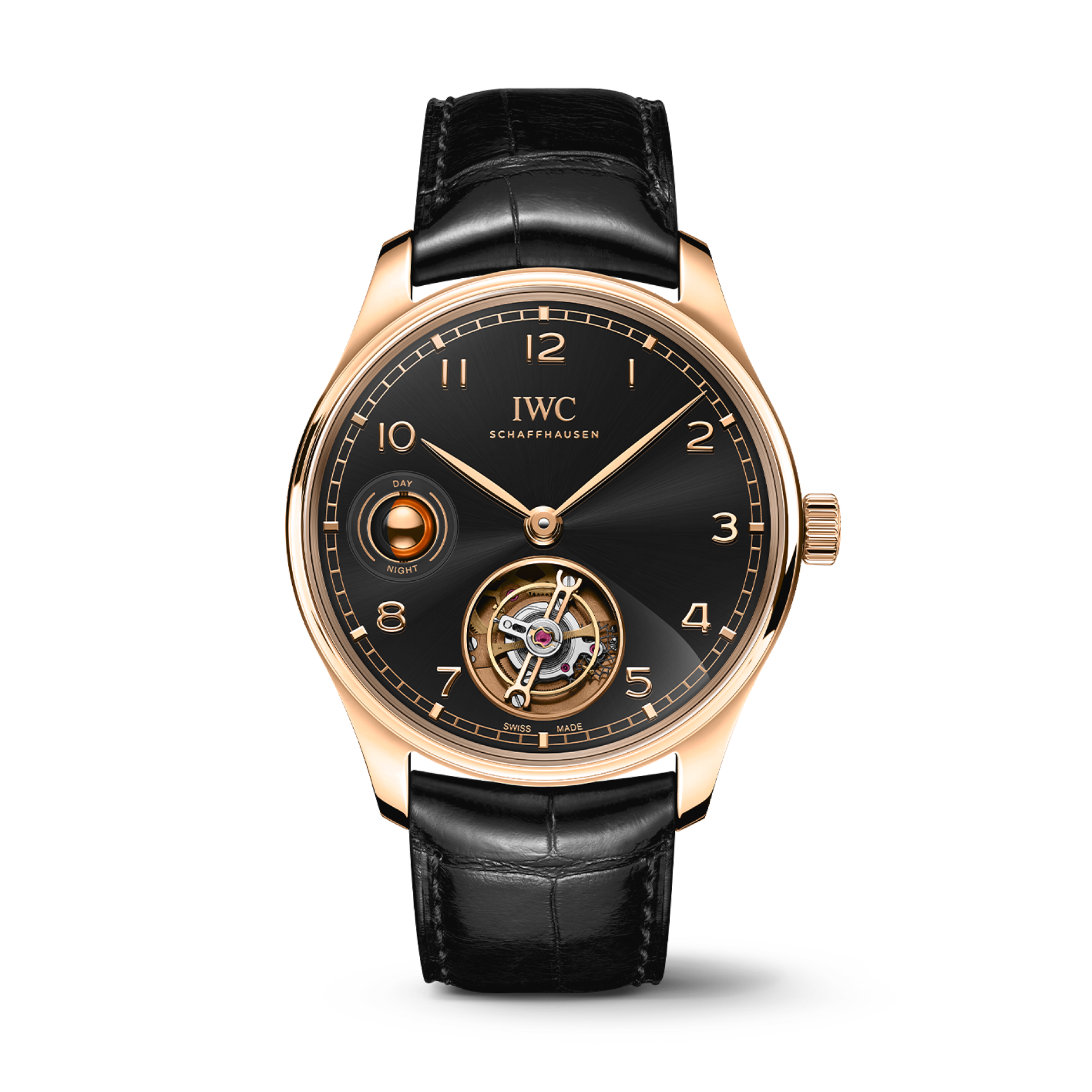 IWC Schaffhausen Portugieser Hand-Wound Tourbillon Day & Night 42 mm Black Dial 18k Armor Gold Black   Leather Strap IW545901 - WATCHXNYC