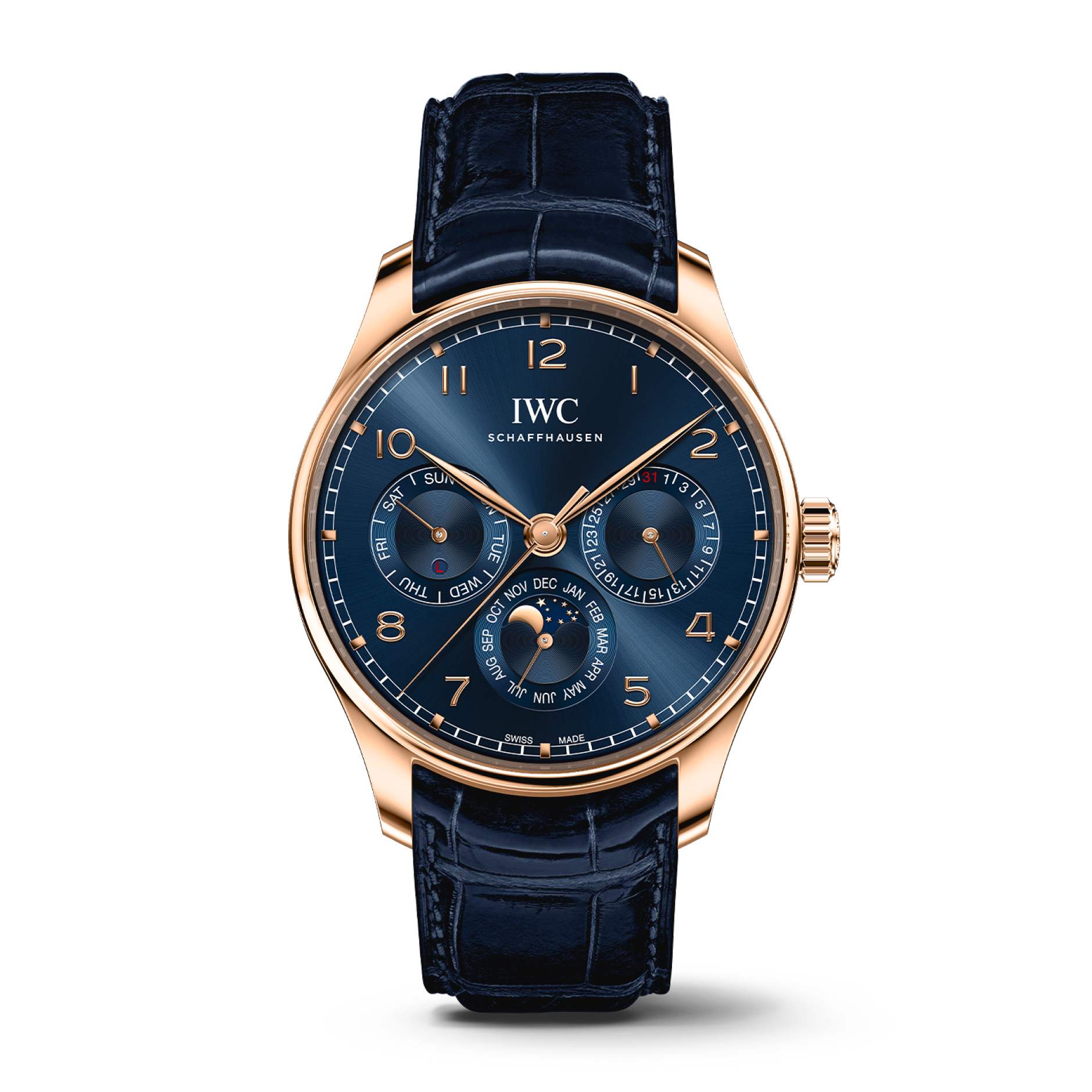IWC Schaffhausen Portugieser Perpetual Calendar 42.4 mm Blue Dial 18k 5N Gold Blue   Leather Strap IW344205 - WATCHXNYC