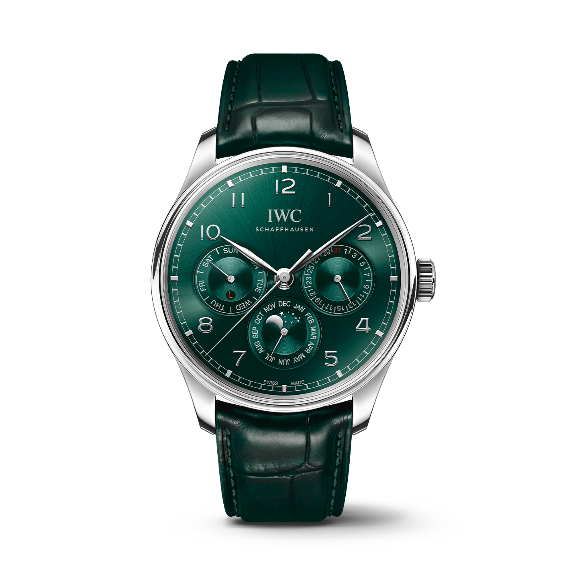 IWC Schaffhausen Portugieser Perpetual Calendar 42.4 mm Green Dial Stainless Steel Green   Leather Strap IW344207 - WATCHXNYC