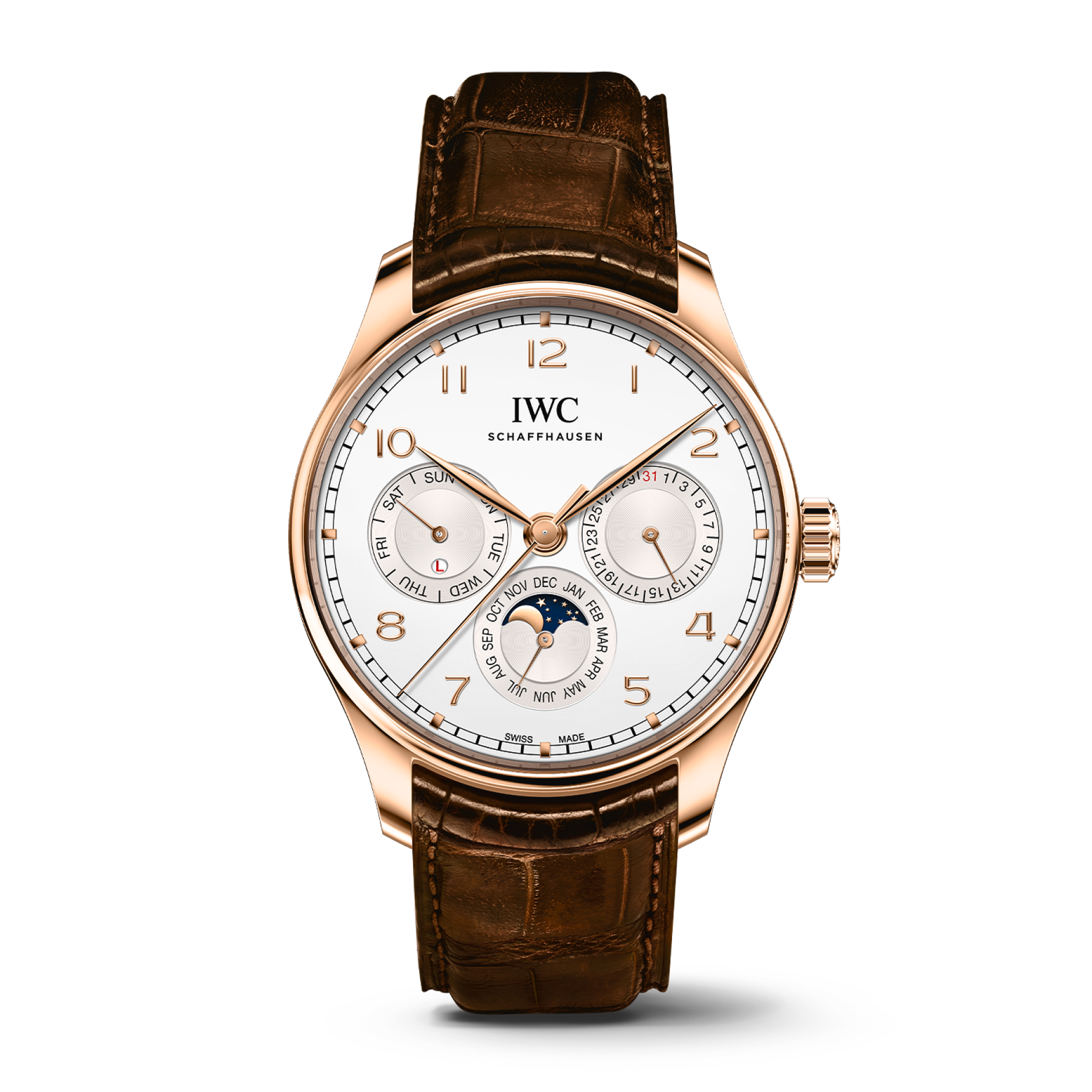 IWC Schaffhausen Portugieser Perpetual Calendar 42.4 mm Silver Dial 18k 5N Gold Brown   Leather Strap IW344202 - WATCHXNYC
