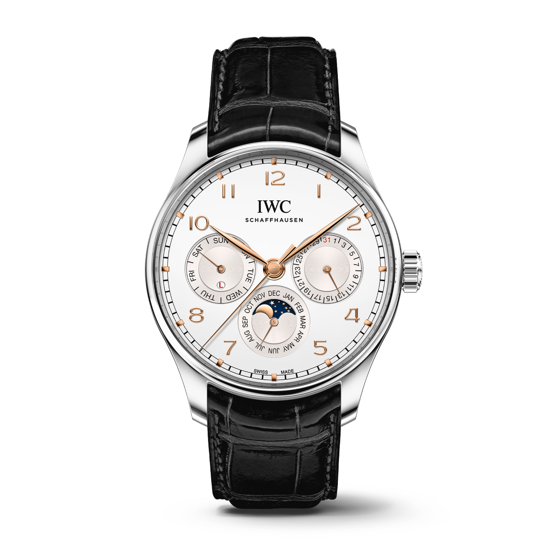 IWC Schaffhausen Portugieser Perpetual Calendar 42.4 mm Silver Dial Stainless Steel Black   Leather Strap IW344203 - WATCHXNYC
