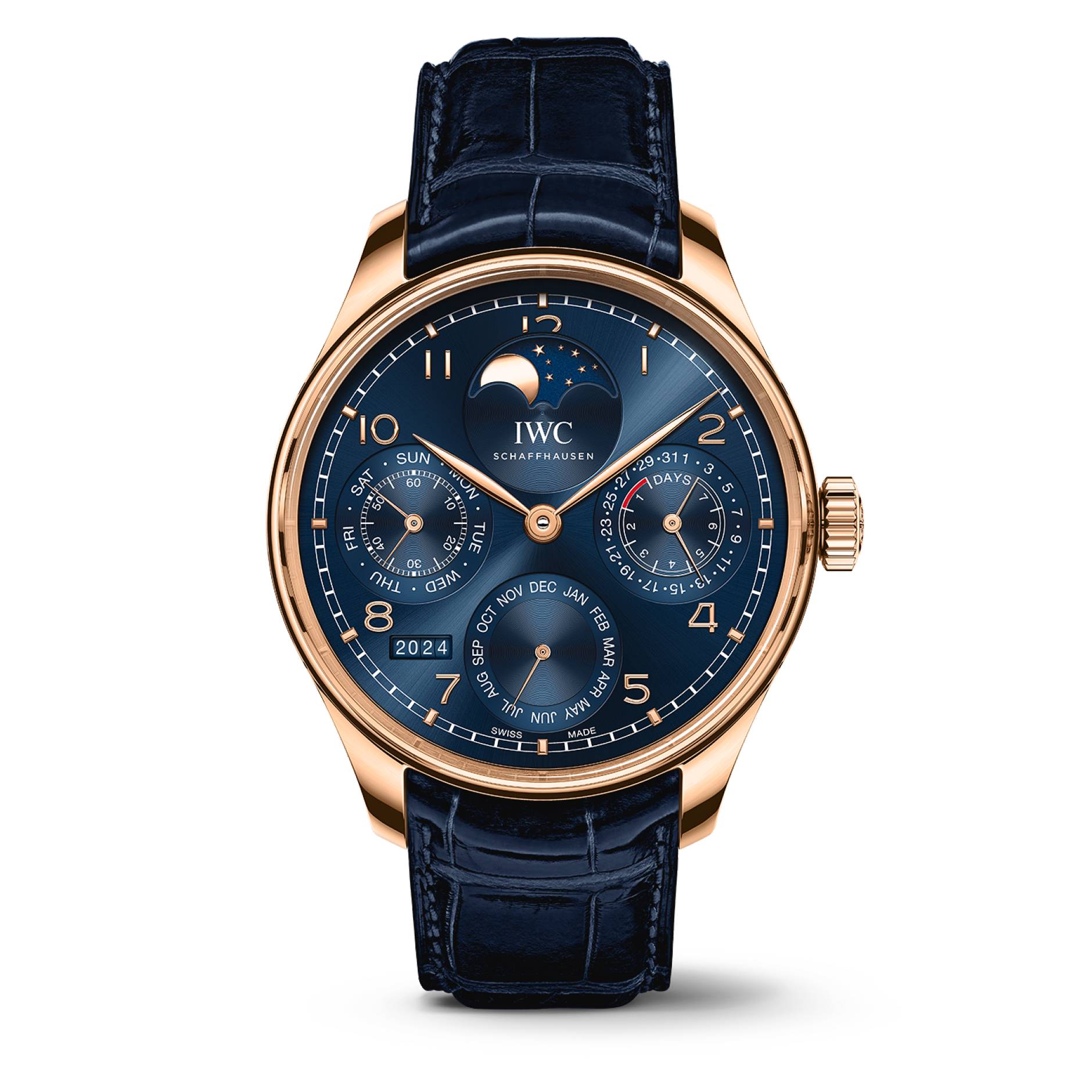 IWC Schaffhausen Portugieser Perpetual Calendar 44.2 mm Blue Dial 18k Armor Gold Blue   Leather Strap IW503312 - WATCHXNYC