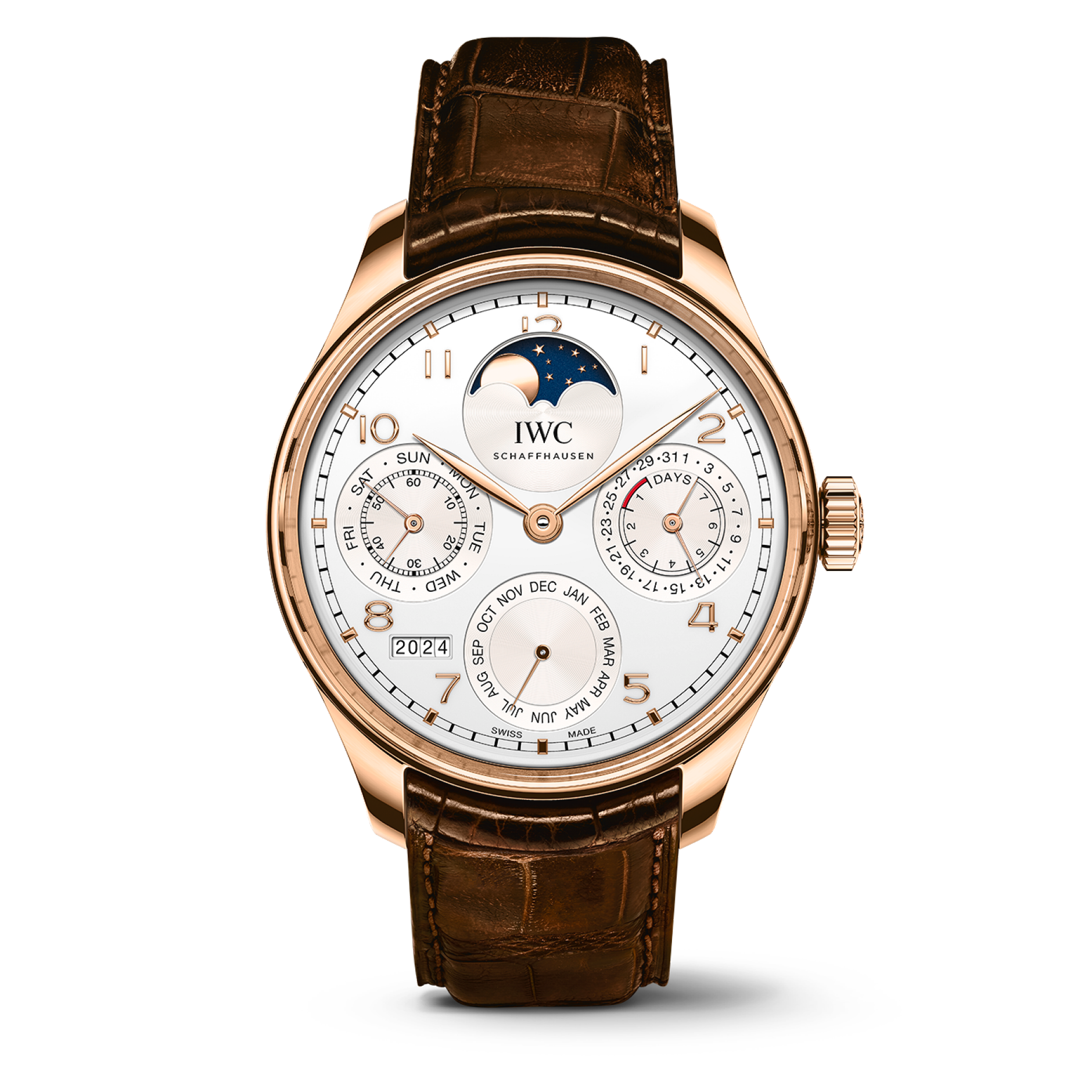 IWC Schaffhausen Portugieser Perpetual Calendar 44.2 mm Silver Dial 18k 5N Gold Dark Brown   Leather Strap IW503302 - WATCHXNYC
