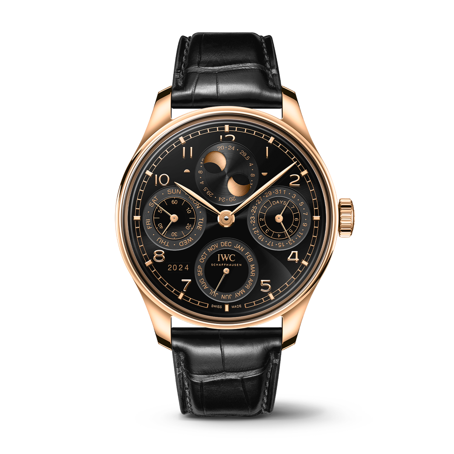 IWC Schaffhausen Portugieser Perpetual Calendar 44.4 mm Black Dial 18 Kt Armor Gold® Black   Leather Strap IW503702 - WATCHXNYC