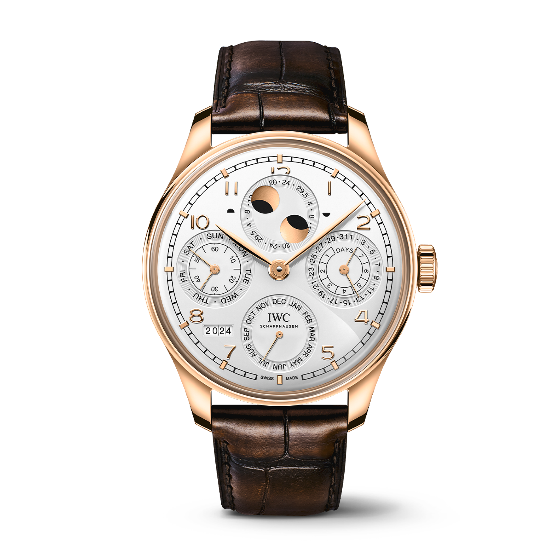 IWC Schaffhausen Portugieser Perpetual Calendar 44.4 mm Silver Dial 18 Kt Armor Gold® Dark Brown   Leather Strap IW503701 - WATCHXNYC