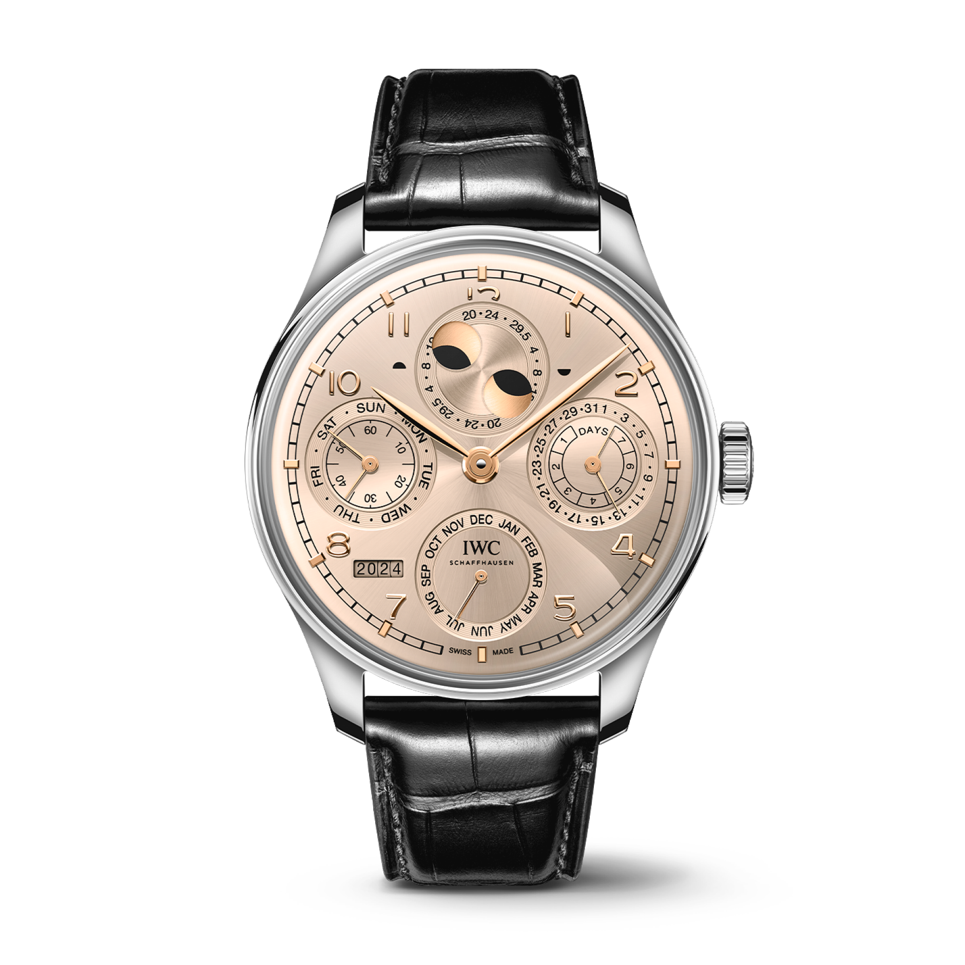 IWC Schaffhausen Portugieser Perpetual Calendar 44.4 mm Sparkling Beige Dial 18 Kt White Gold Black   Leather Strap IW503704 - WATCHXNYC