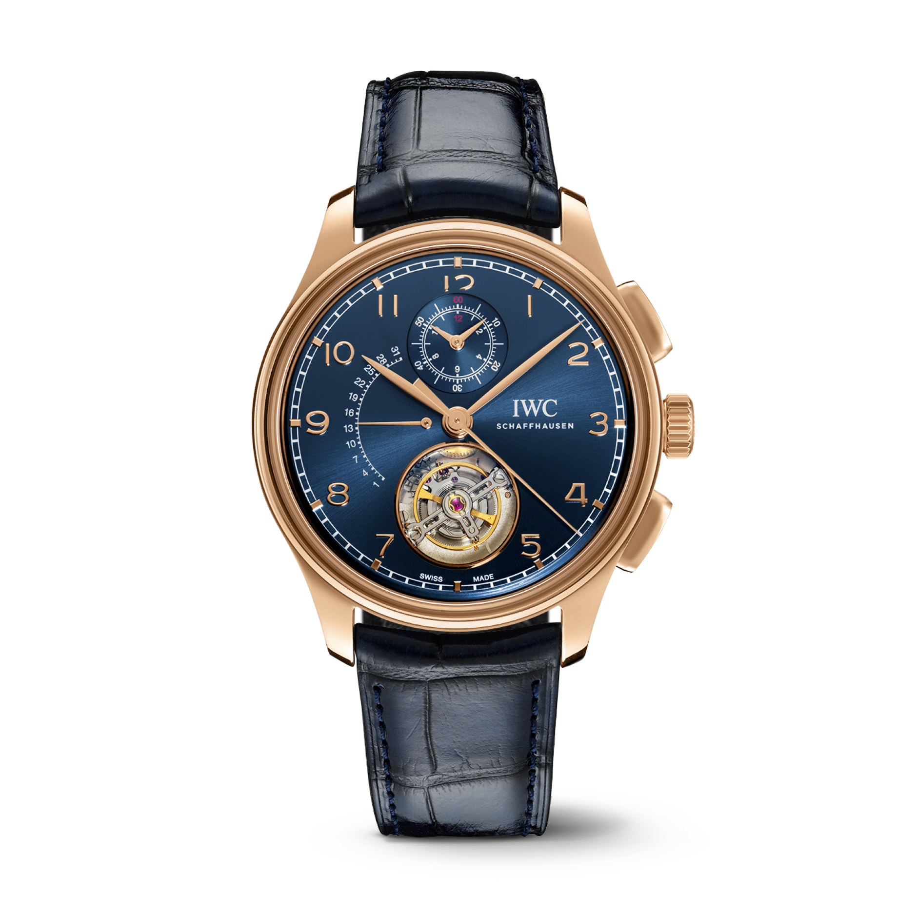 IWC Schaffhausen Portugieser Tourbillon Rétrograde Chronograph 43.5 mm Blue Dial 18k Armor Gold Blue   Leather Strap IW394005 - WATCHXNYC