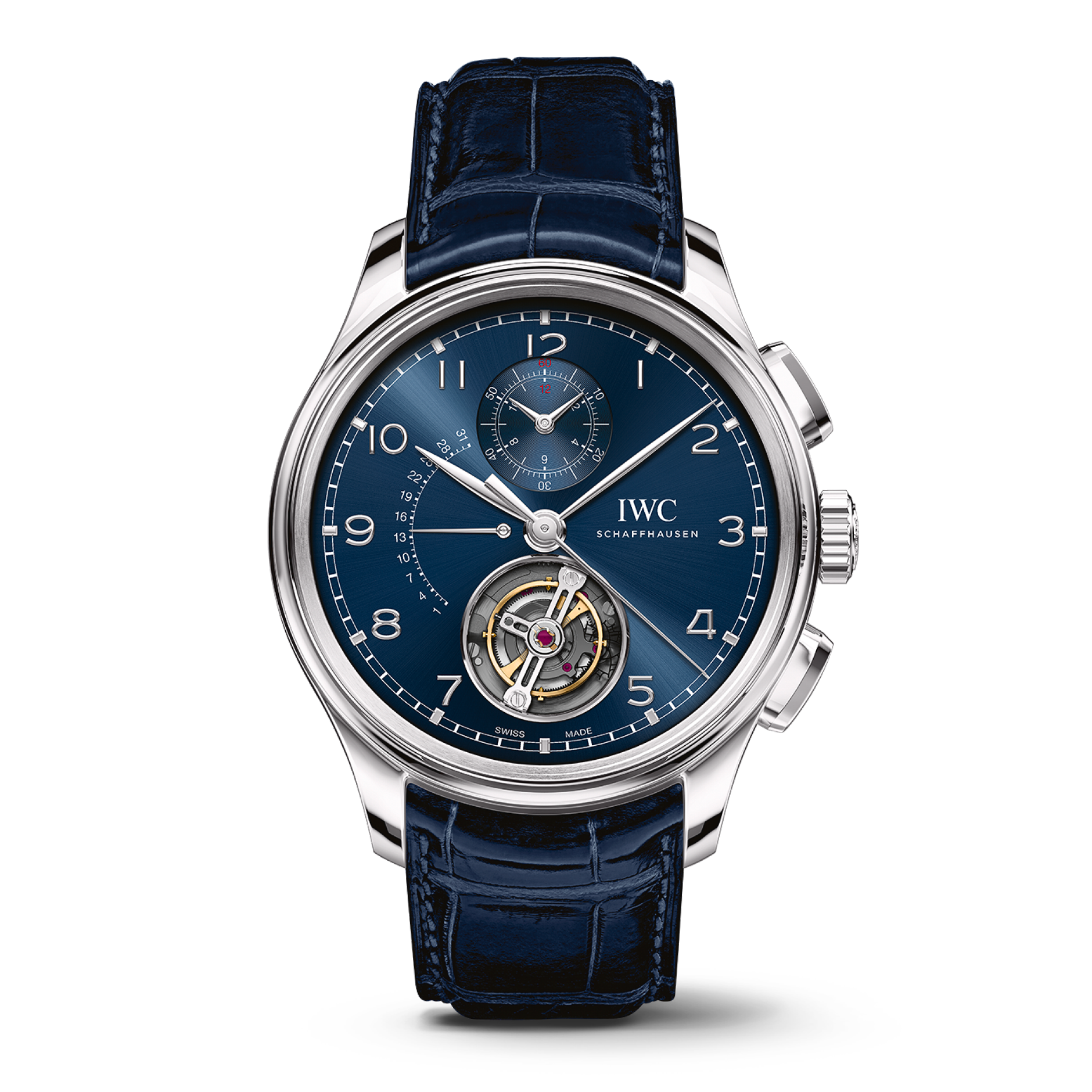 IWC Schaffhausen Portugieser Tourbillon Rétrograde Chronograph 43.5 mm Blue Dial Platinum Blue   Leather Strap IW394007 - WATCHXNYC