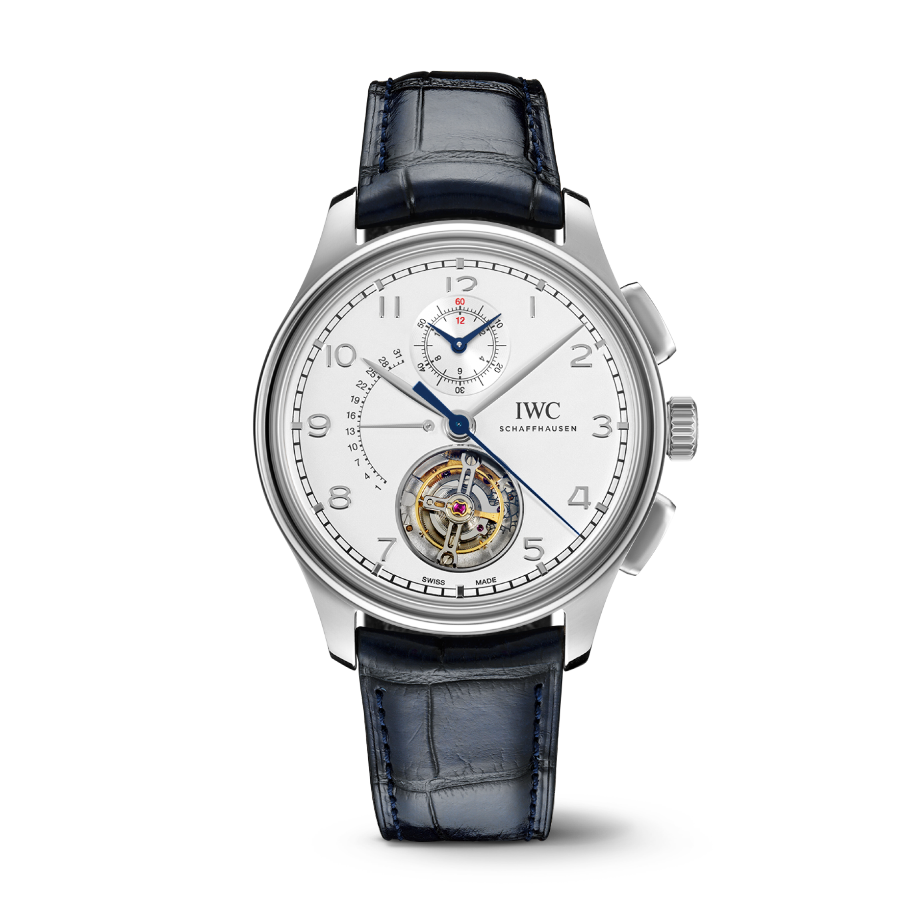 IWC Schaffhausen Portugieser Tourbillon Rétrograde Chronograph 43.5 mm Silver Dial Platinum Blue   Leather Strap IW394006 - WATCHXNYC