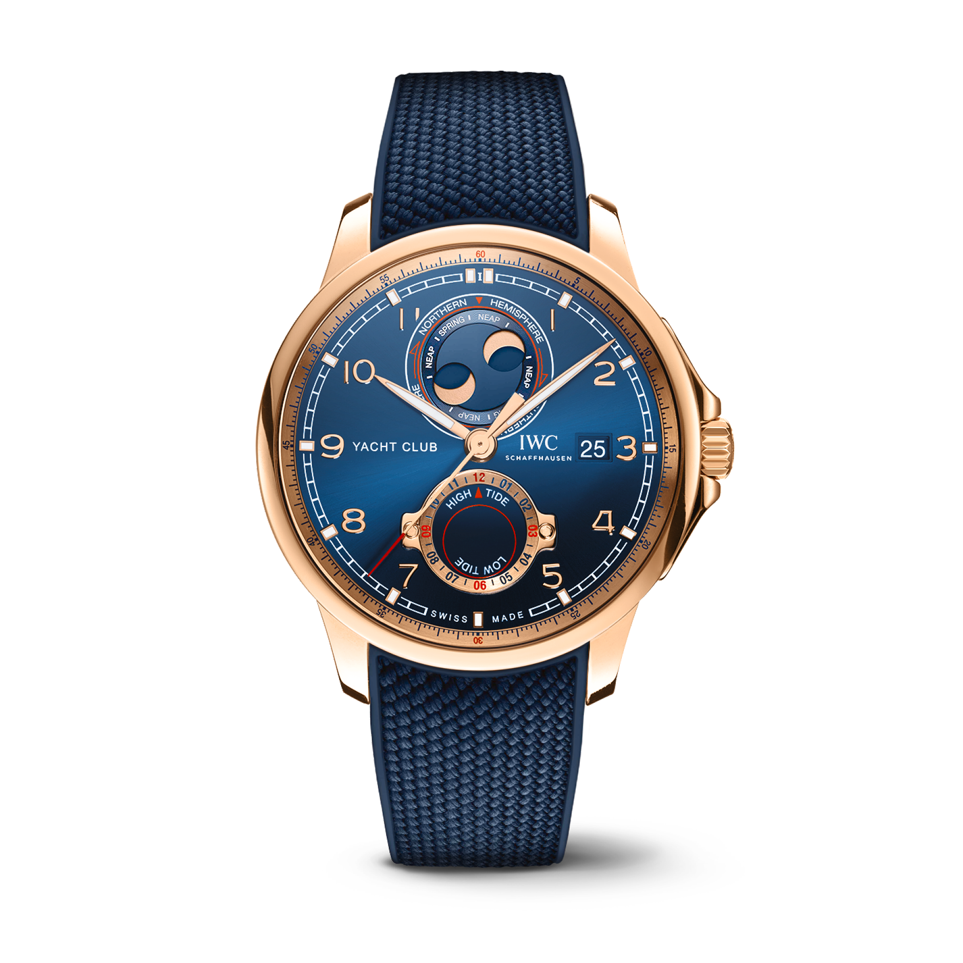 IWC Schaffhausen Portugieser Yacht Club Moon & Tide 44.6 mm Blue Dial 18k 5N Gold Blue Rubber Strap IW344001 - WATCHXNYC