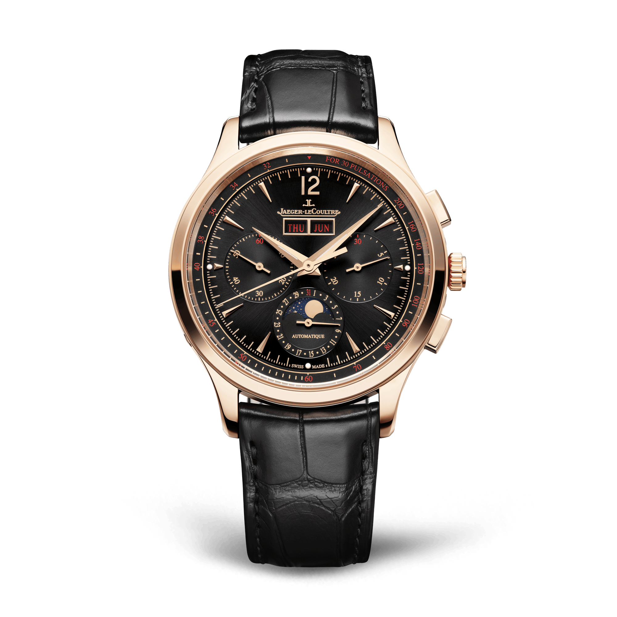 Jaeger-LeCoultre Master Control Chronograph Calendar 40 mm Black Dial Pink Gold   Leather Strap Q413257J - WATCHXNYC