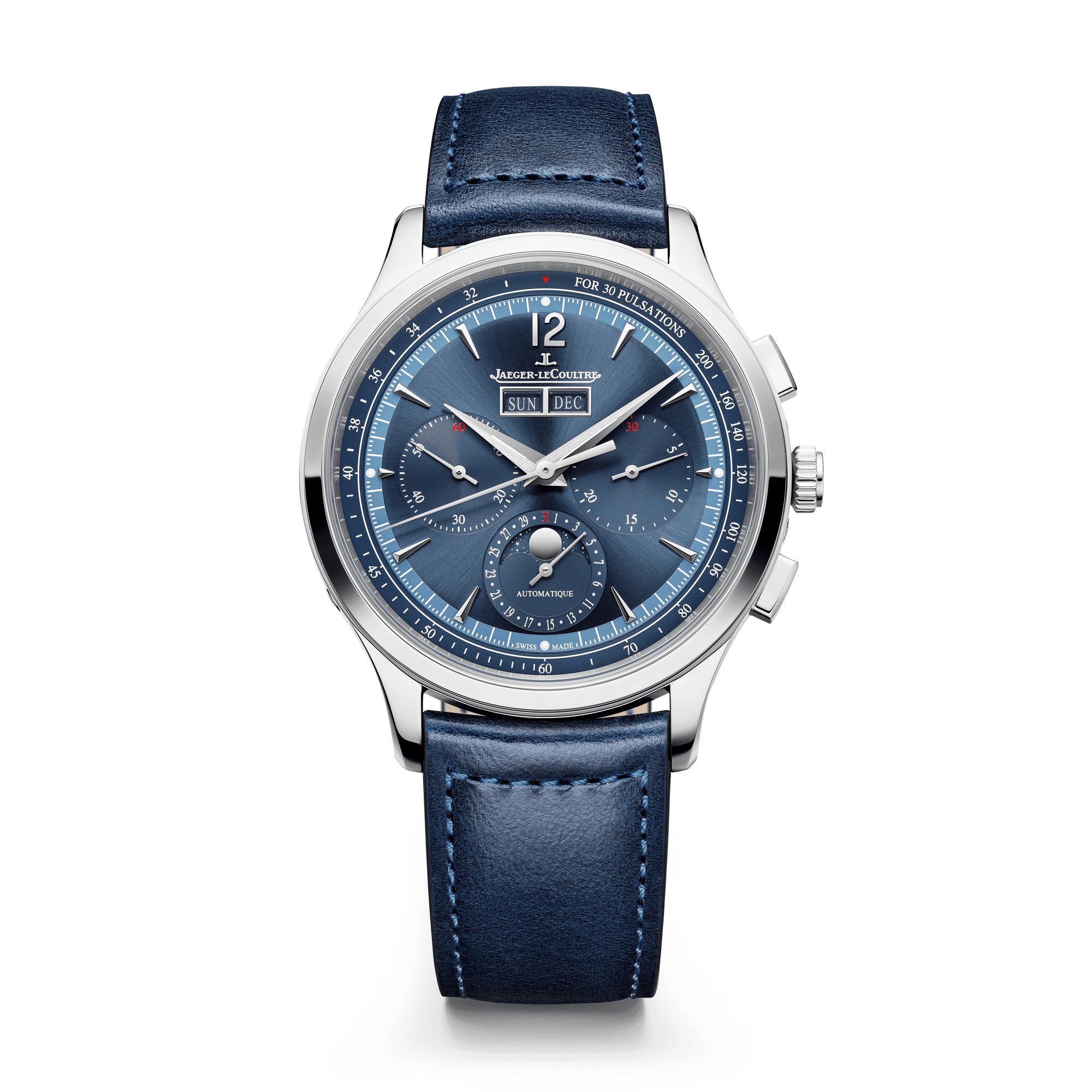 Jaeger-LeCoultre Master Control Chronograph Calendar 40 mm Blue Dial Stainless Steel   Leather Strap Q4138480 - WATCHXNYC