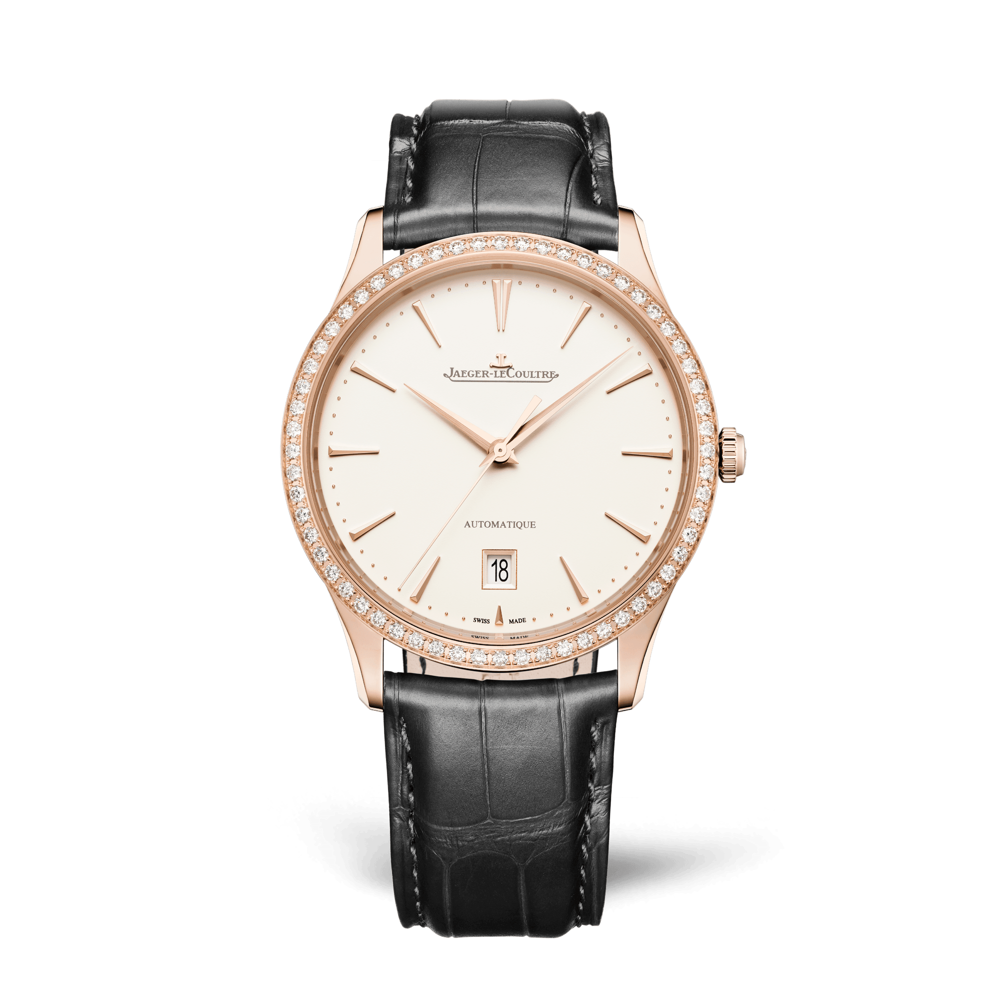 Jaeger-LeCoultre Master Ultra Thin Date 39 mm Beige Dial with Diamonds Pink Gold   Leather Strap Q1232502 - WATCHXNYC