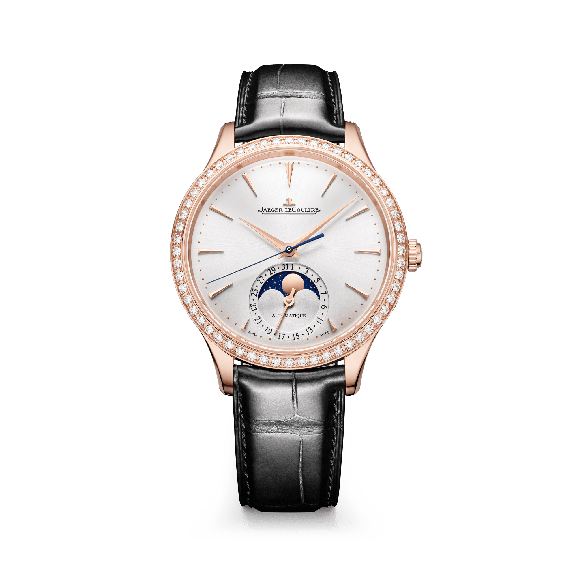 Jaeger-LeCoultre Master Ultra Thin Moon 36 mm Silver Dial with Diamonds Pink Gold   Leather Strap Q1242502 - WATCHXNYC