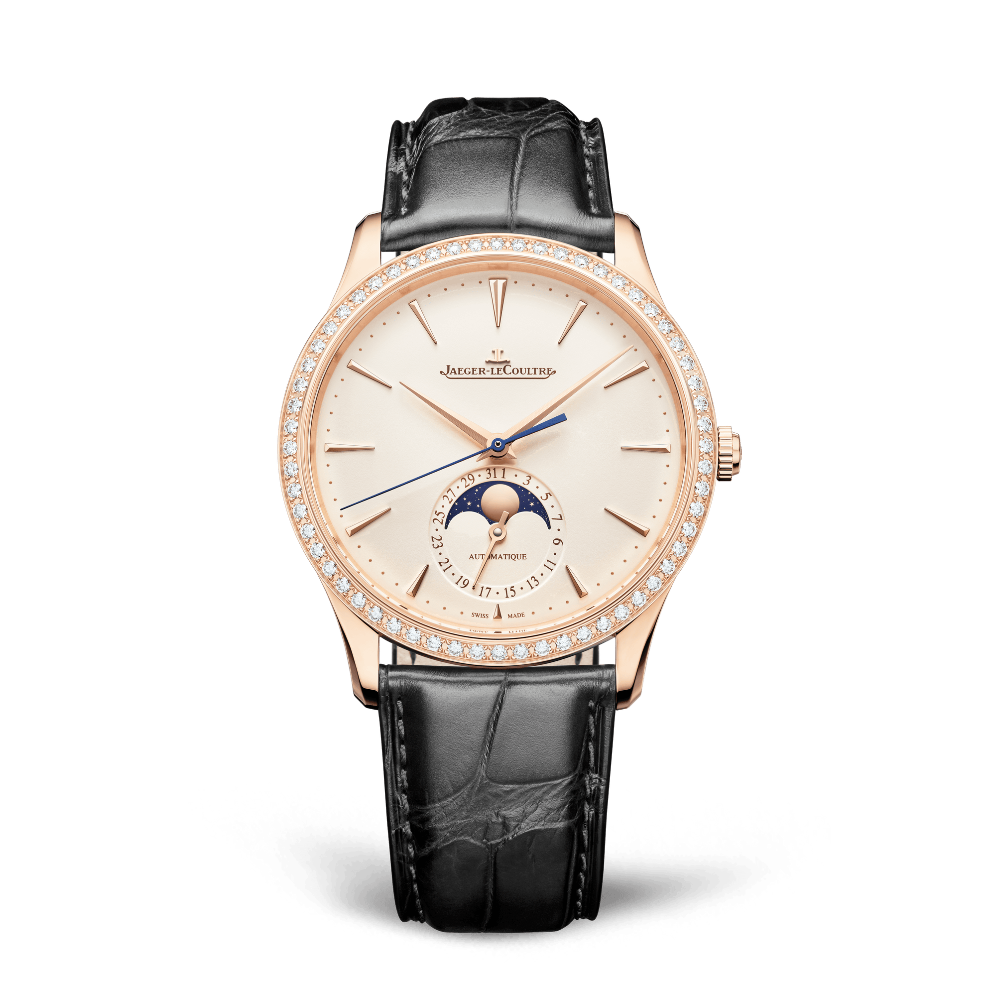Jaeger-LeCoultre Master Ultra Thin Moon 39 mm Beige Dial with Diamonds Pink Gold   Leather Strap Q1362503 - WATCHXNYC