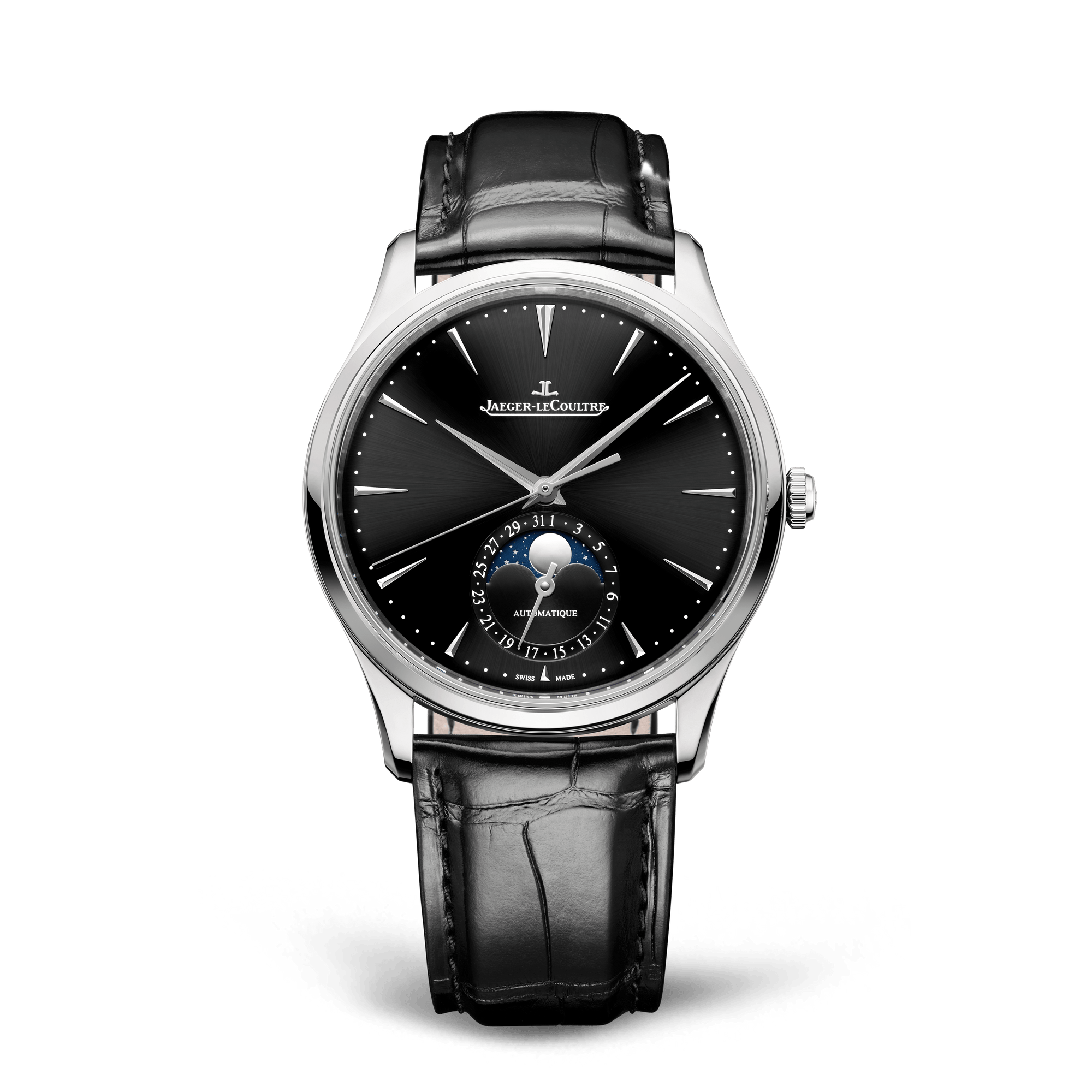Jaeger-LeCoultre Master Ultra Thin Moon 39 mm Black Dial Stainless Steel   Leather Strap Q1368471 - WATCHXNYC