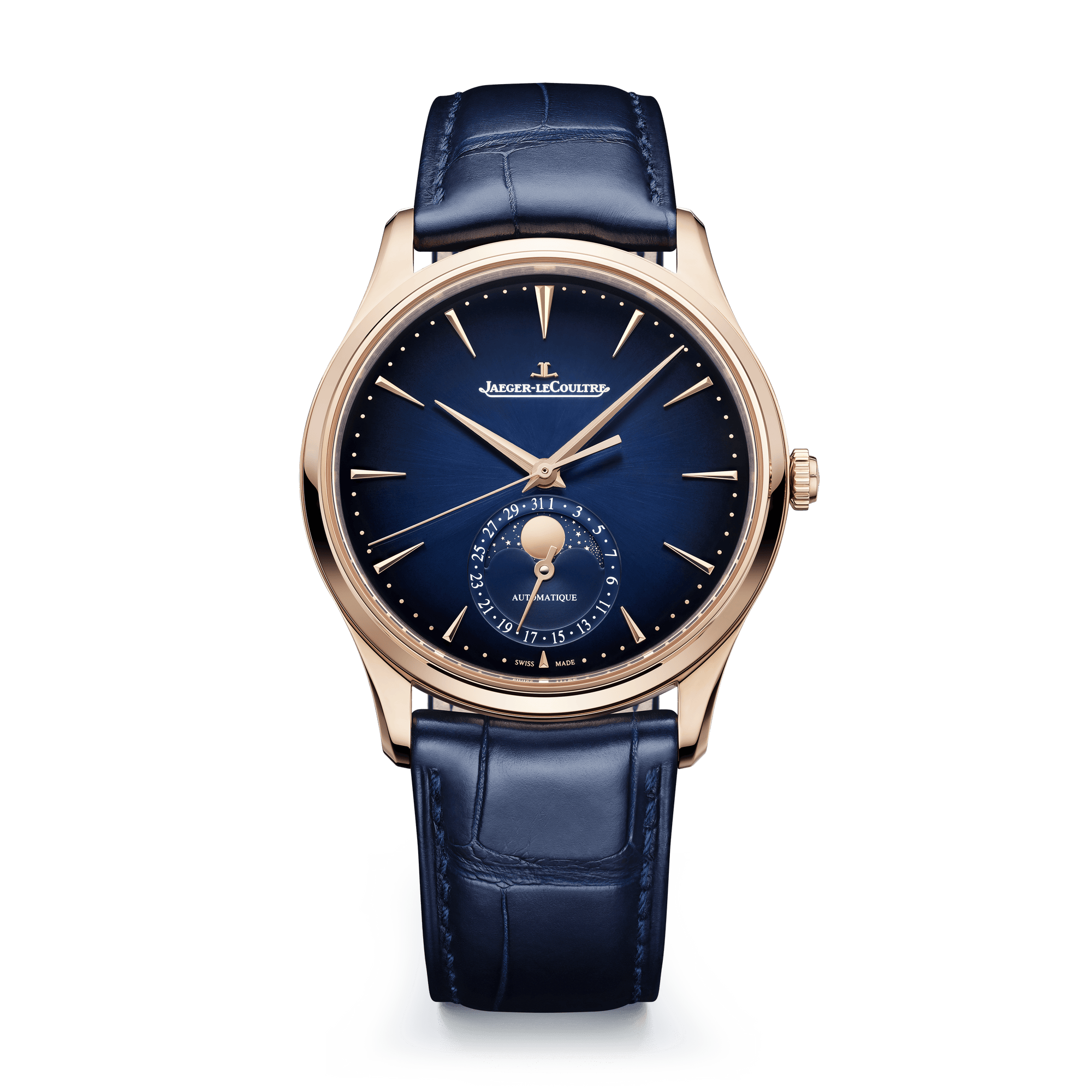 Jaeger-LeCoultre Master Ultra Thin Moon 39 mm Blue Dial Pink Gold   Leather Strap Q1362580 - WATCHXNYC
