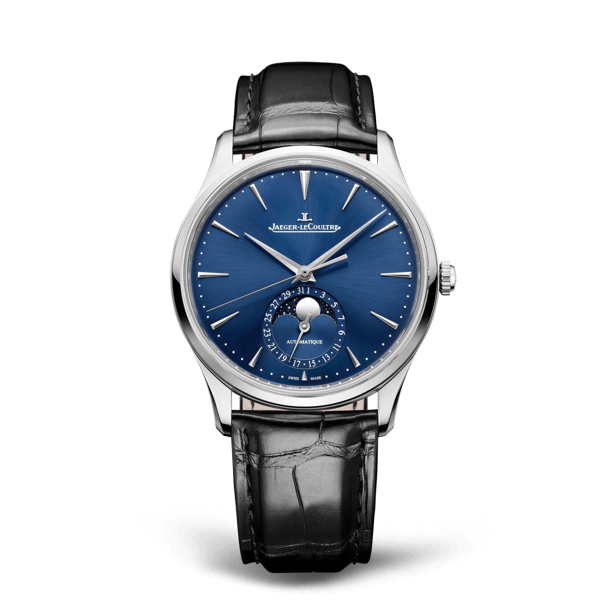 Jaeger-LeCoultre Master Ultra Thin Moon 39 mm Blue Dial Stainless Steel   Leather Strap Q1368480 - WATCHXNYC