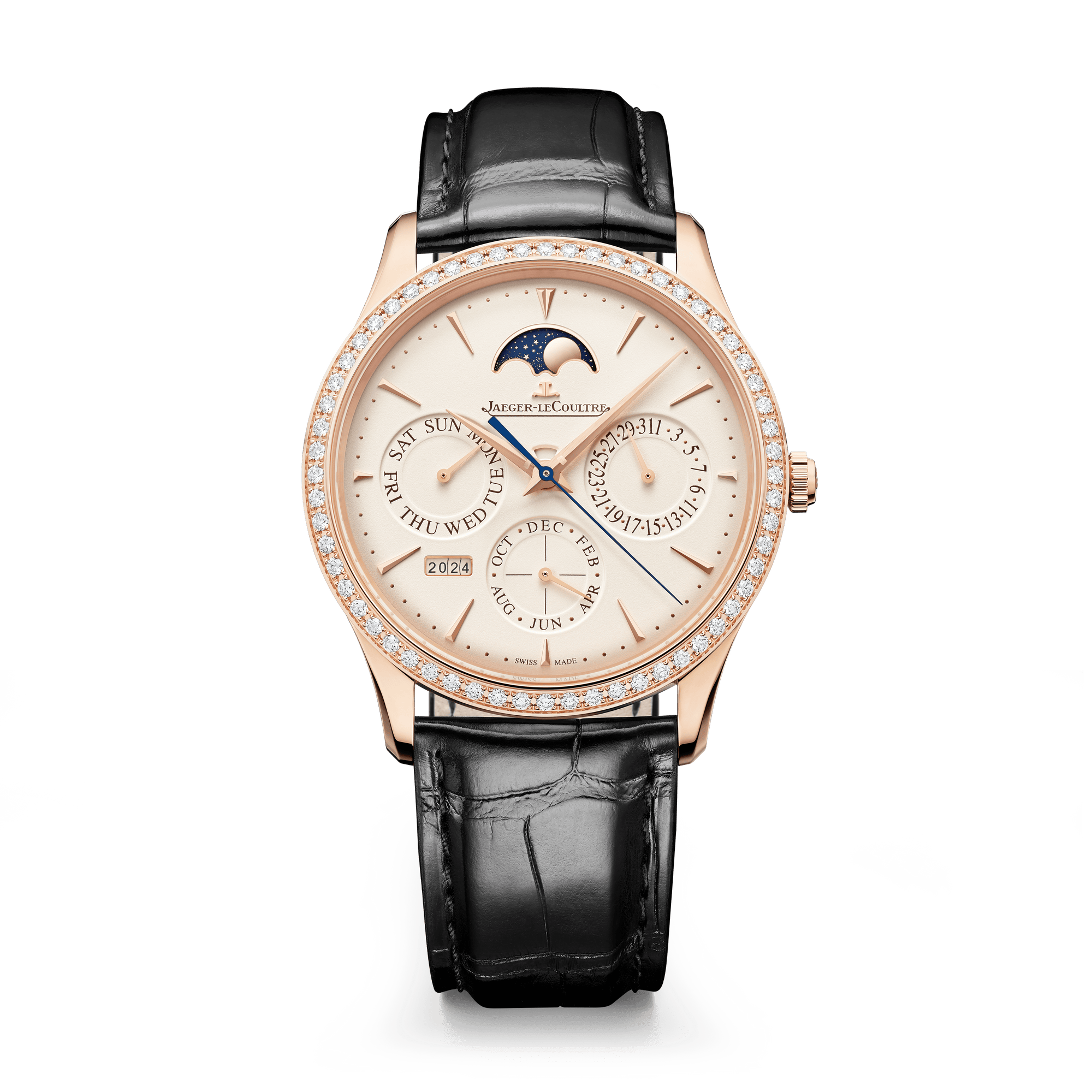 Jaeger-LeCoultre Master Ultra Thin Perpetual Calendar 39 mm Beige Dial with Diamonds Pink Gold   Leather Strap Q1142501 - WATCHXNYC
