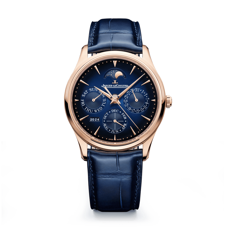 Jaeger-LeCoultre Master Ultra Thin Calendario Perpetuo 39 mm Esfera Azul Correa de Piel de Aligátor en Oro Rosa Q114258J