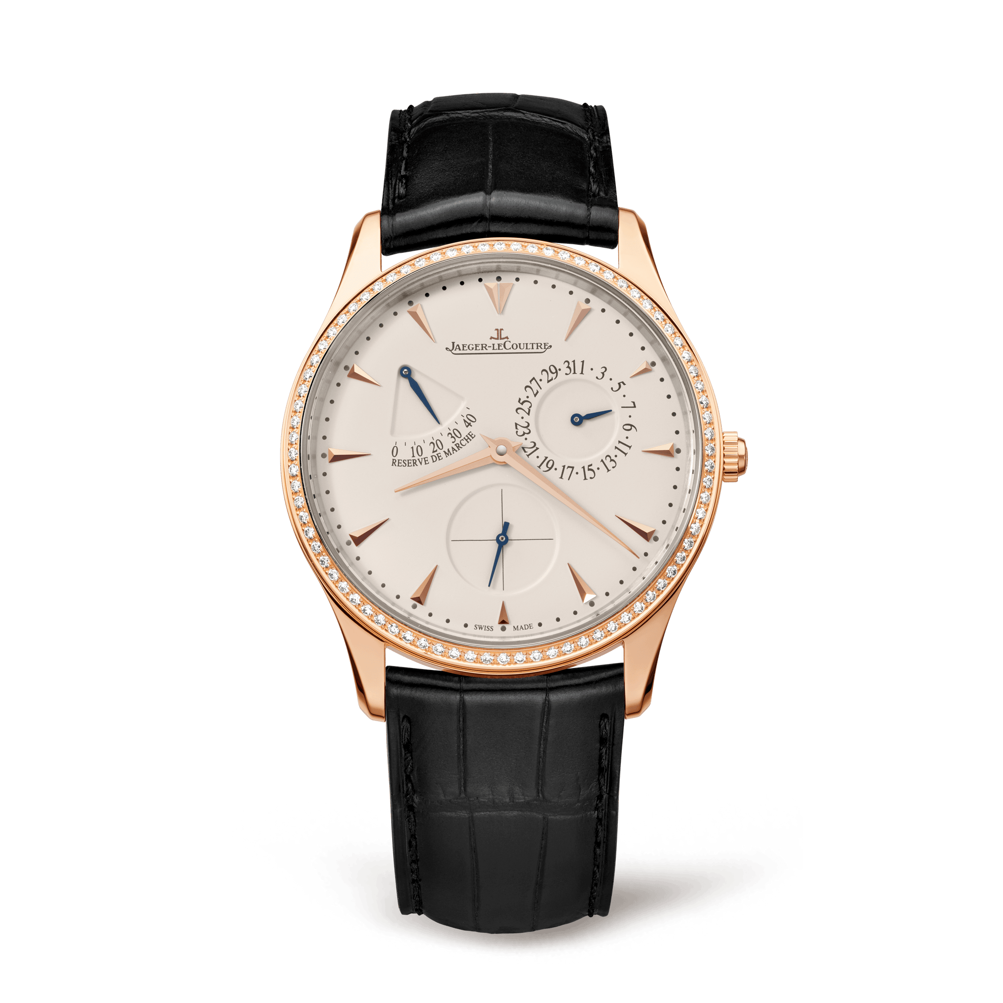 Jaeger-LeCoultre Master Ultra Thin Power Reserve 39 mm Beige Dial with Diamonds Pink Gold   Leather Strap Q1372501 - WATCHXNYC