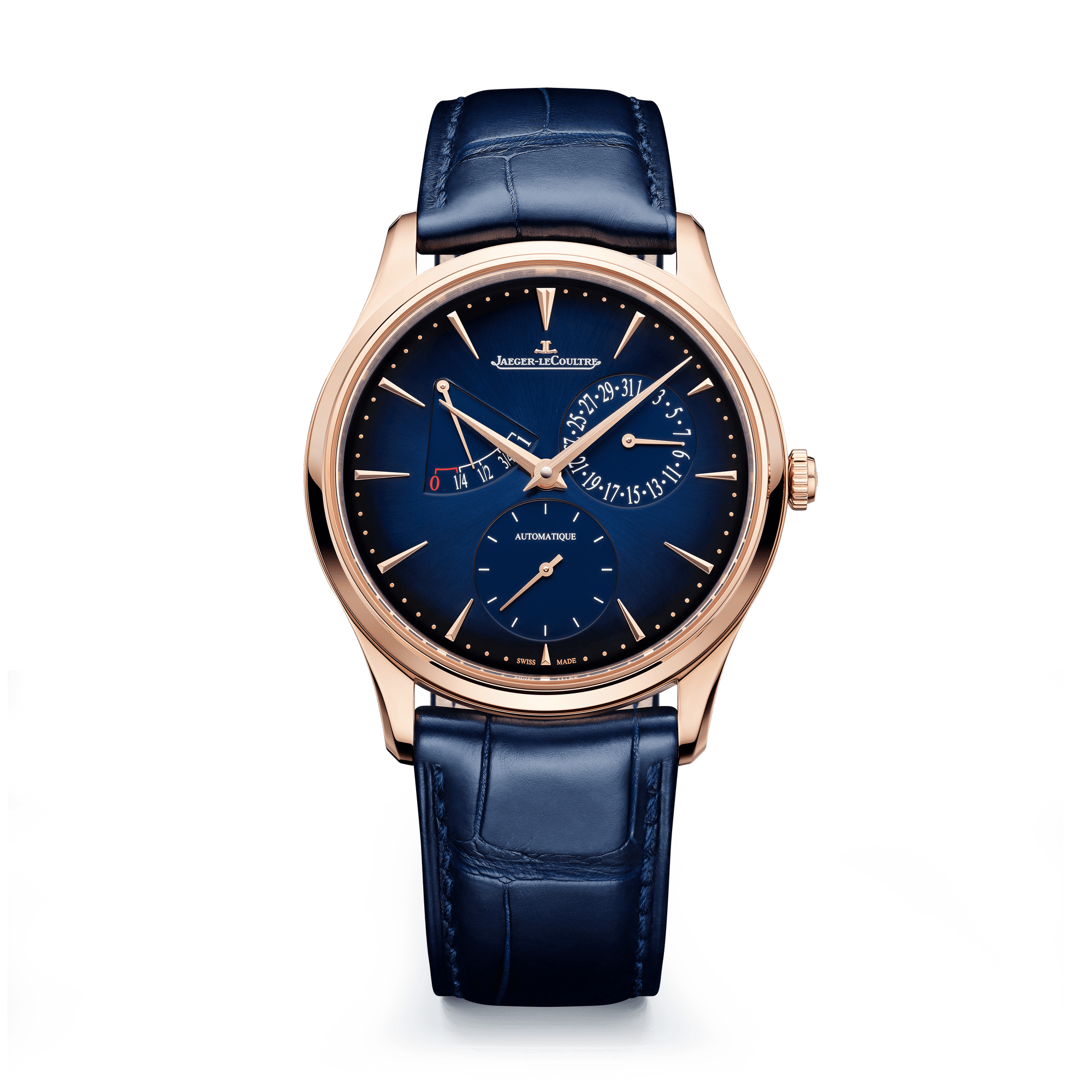 Jaeger-LeCoultre Master Ultra Thin Power Reserve 39 mm Blue Dial Pink Gold   Leather Strap Q137258J - WATCHXNYC