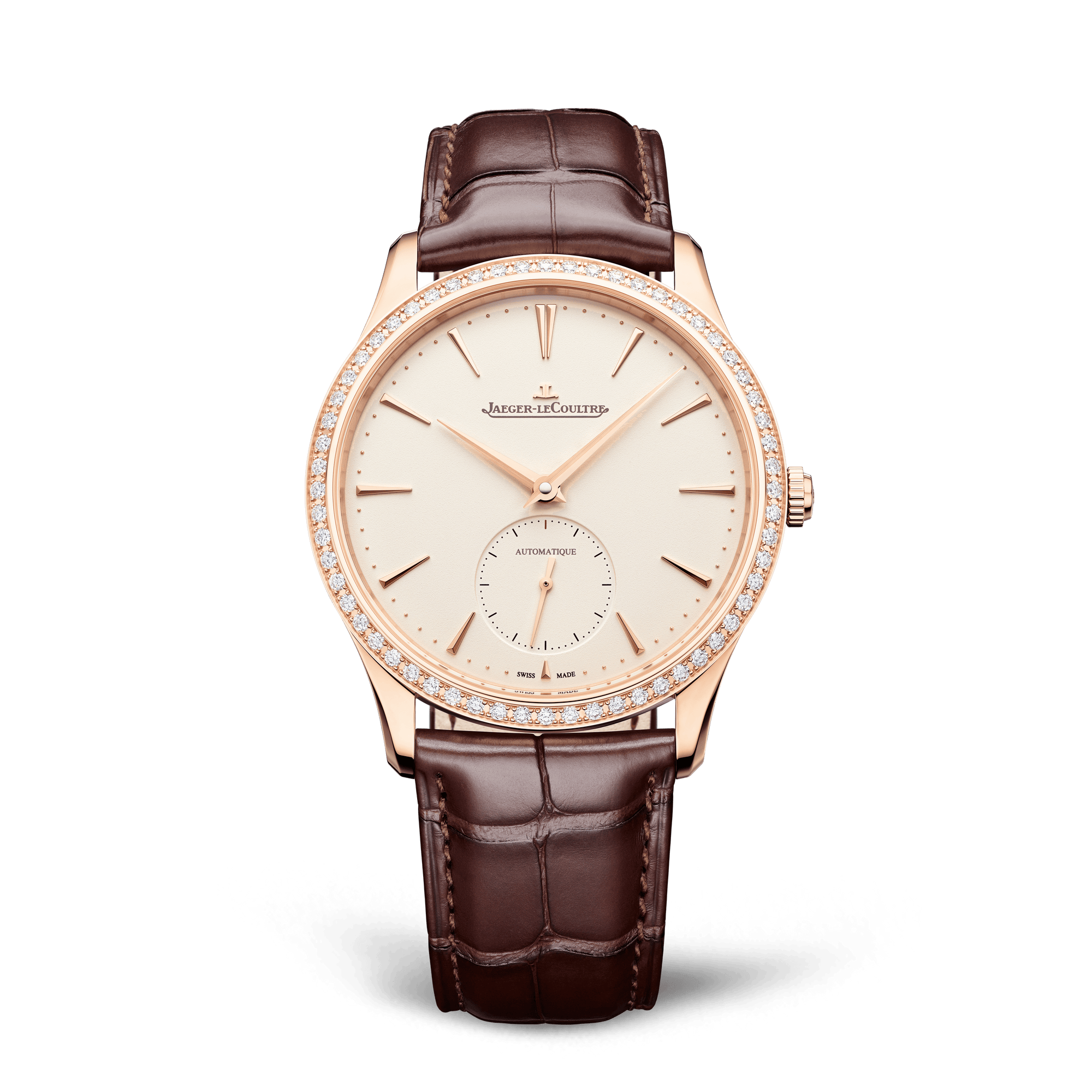 Jaeger-LeCoultre Master Ultra Thin Small Seconds 39 mm Beige Dial with Diamonds Pink Gold   Leather Strap Q1212501 - WATCHXNYC