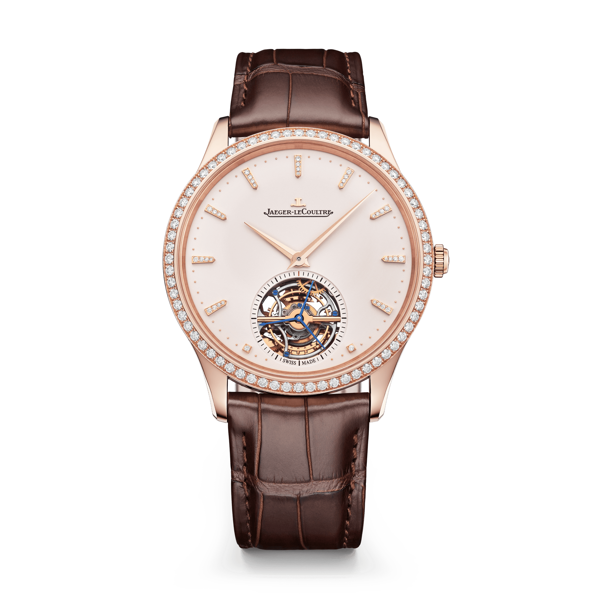 Jaeger-LeCoultre Master Ultra Thin Tourbillon 40 mm Beige Dial with Diamonds Pink Gold   Leather Strap Q1682401 - WATCHXNYC