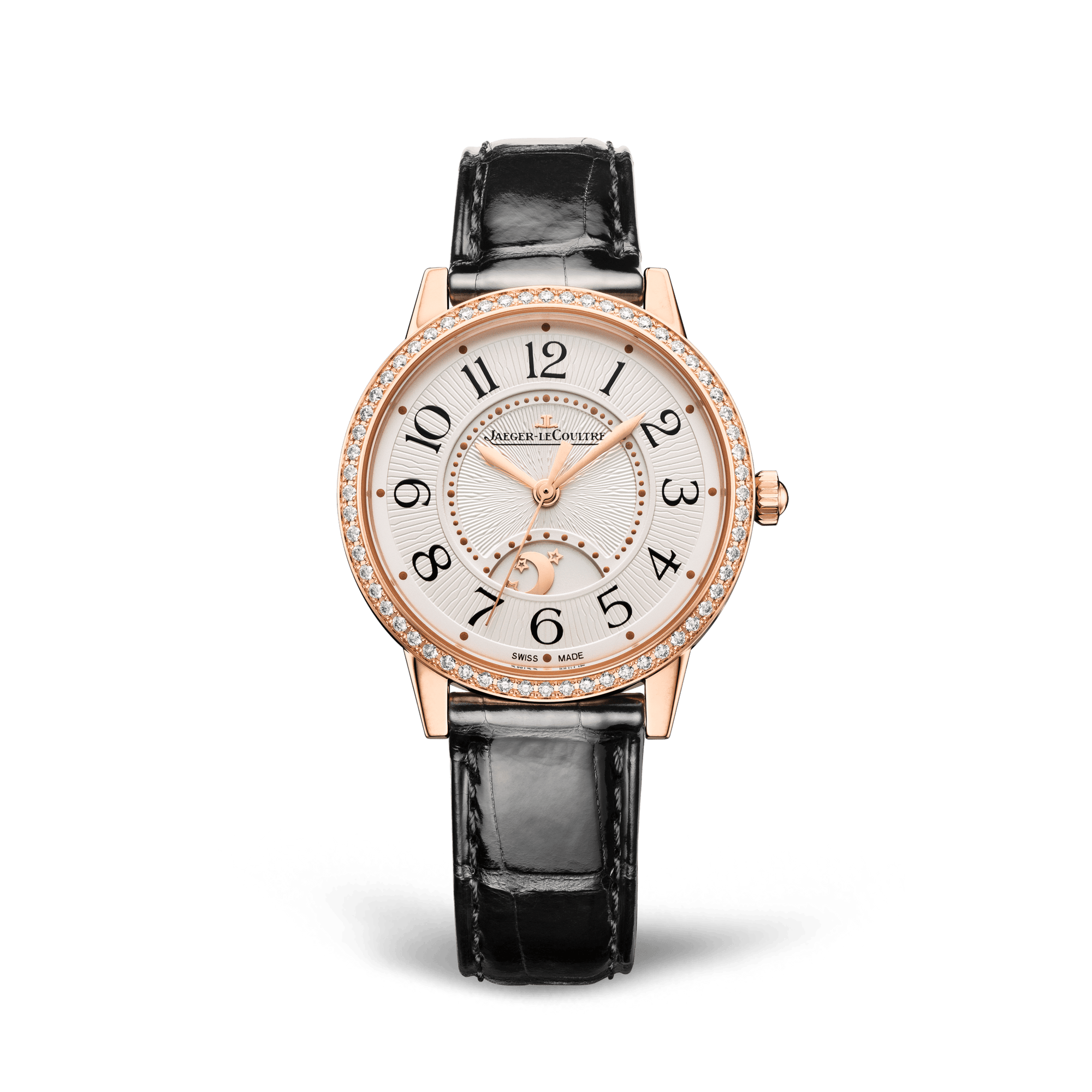 Jaeger-LeCoultre Rendez-Vous Classic Night &amp; Day 34 mm Silvered Grey Dial with Diamonds Pink Gold   Leather Strap Q3442430 - WATCHXNYC