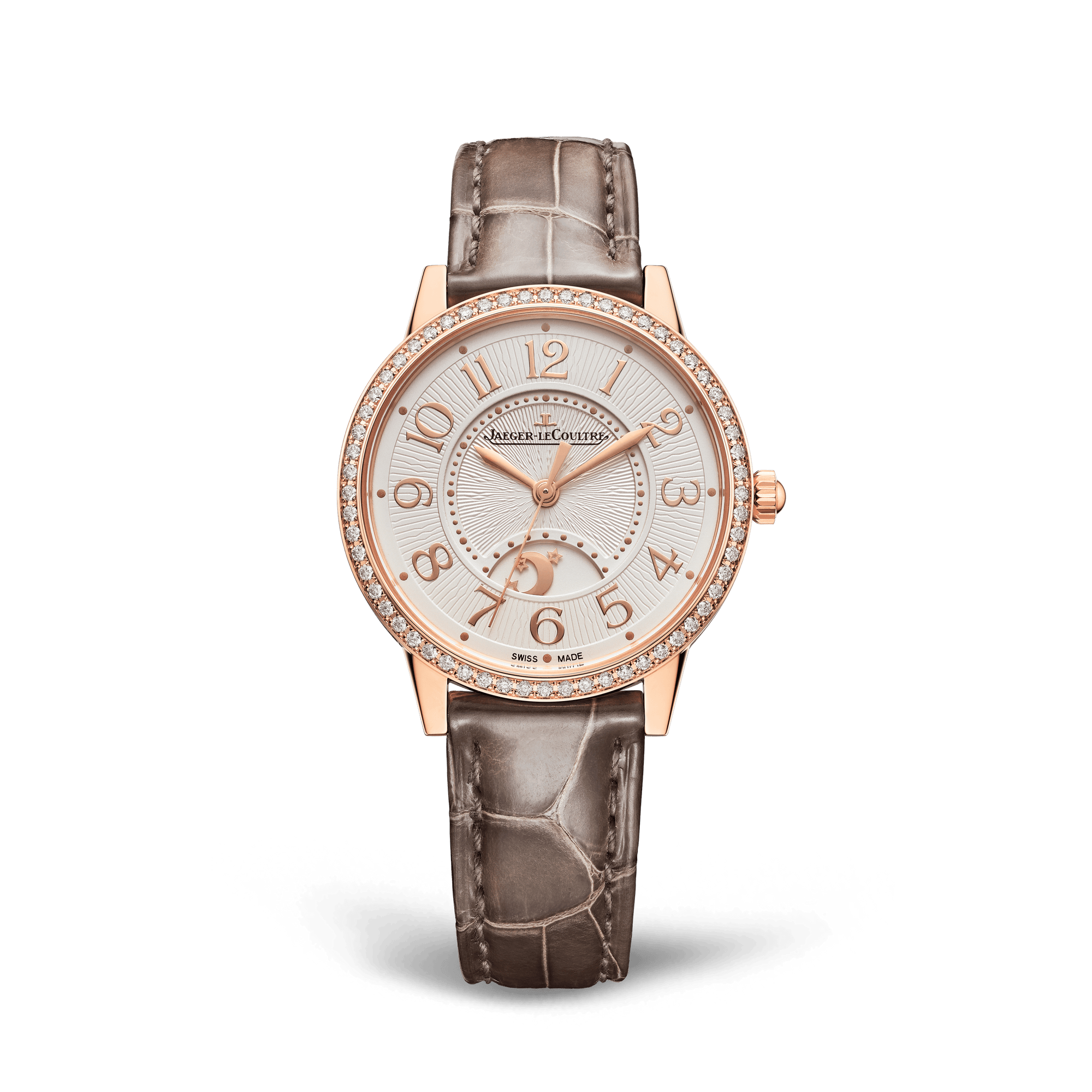 Jaeger-LeCoultre Rendez-Vous Classic Night & Day 34 mm Silvered Grey Dial with Diamonds Pink Gold   Leather Strap Q3442440 - WATCHXNYC