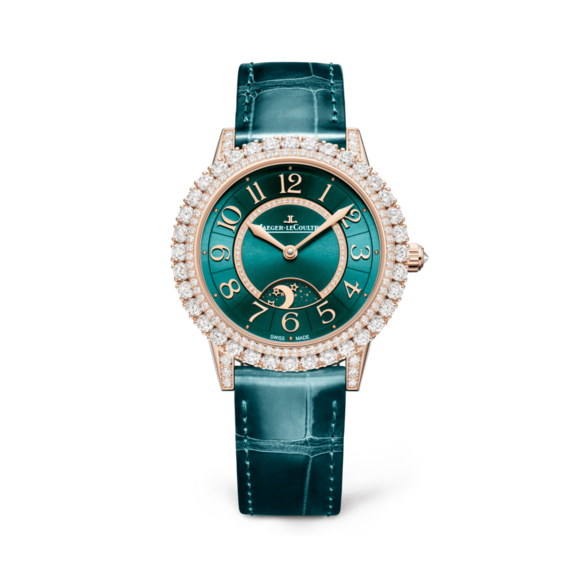 Jaeger-LeCoultre Rendez-Vous Dazzling Night & Day 36 mm Green Dial with Diamonds Pink Gold   Leather Strap Q343247J - WATCHXNYC