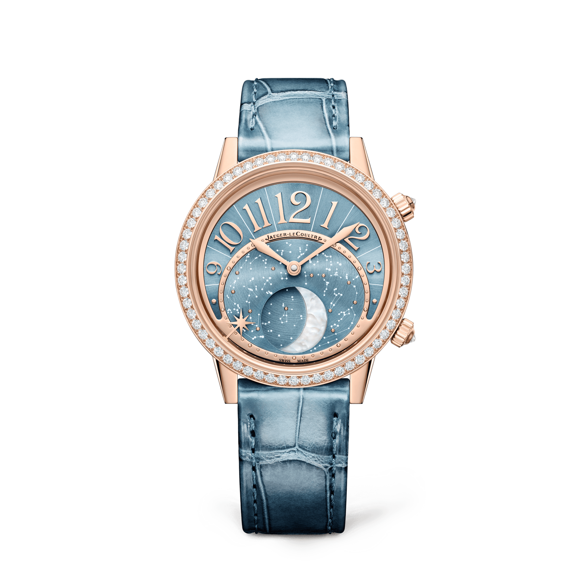 Jaeger-LeCoultre Rendez-Vous Jewellery Moon 36 mm Blue Dial with Diamonds Pink Gold   Leather Strap Q3522480 - WATCHXNYC