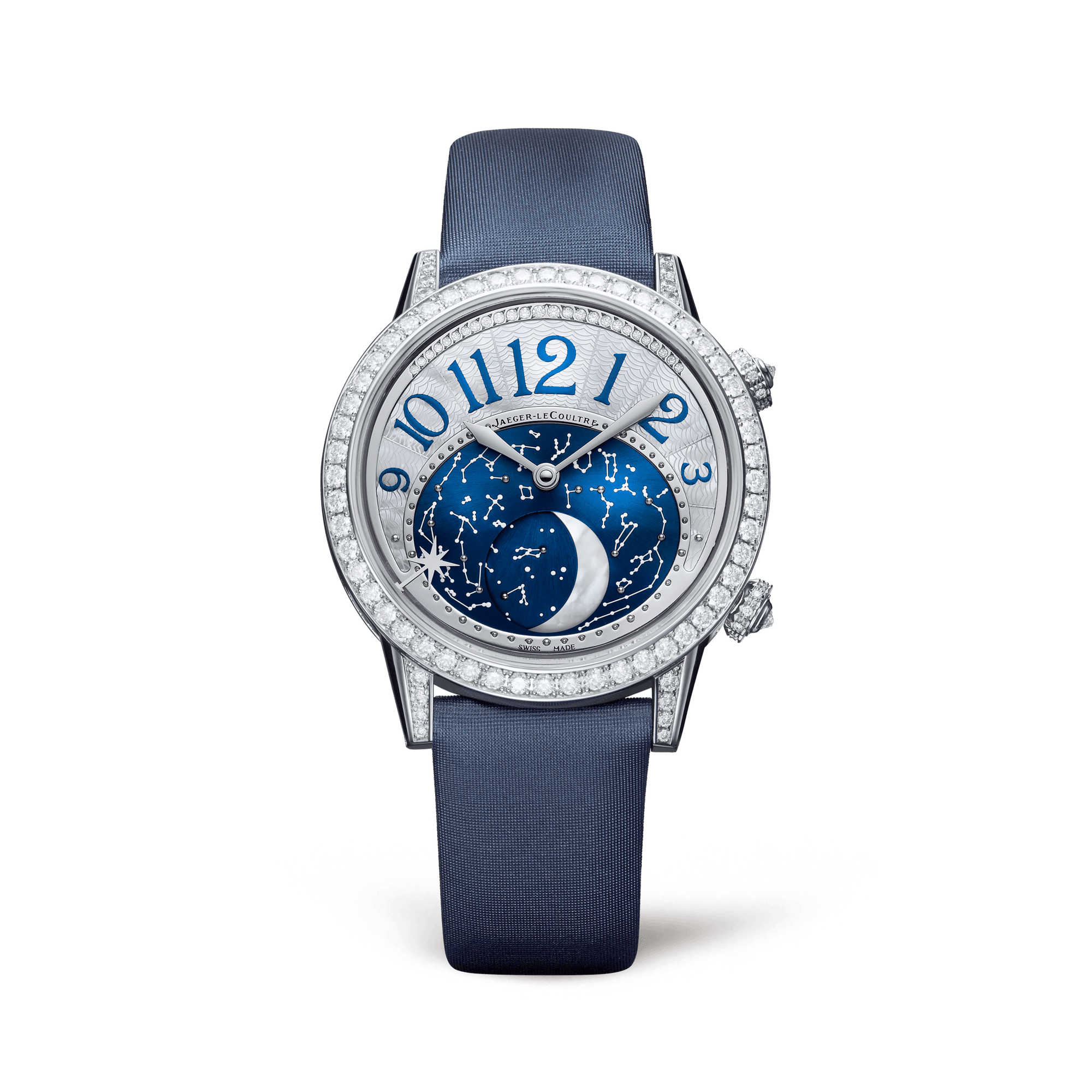 Jaeger-LeCoultre Rendez-Vous Jewellery Moon 36 mm Silvered Grey Dial with Diamonds White Gold Satin Strap Q3523490 - WATCHXNYC
