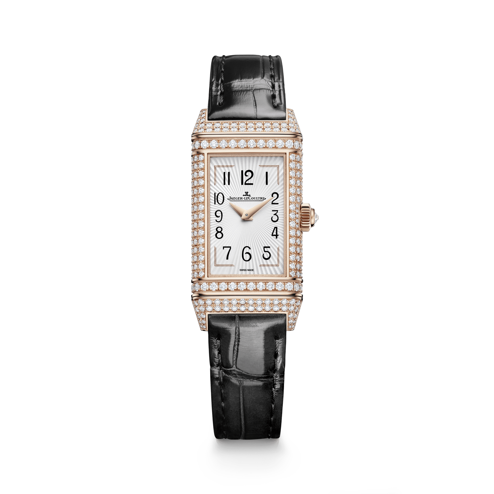 Jaeger-LeCoultre Reverso One Duetto Jewellery 40 x 20 mm Silvered Grey Dial with Diamonds Pink Gold   Leather Strap Q336247J - WATCHXNYC