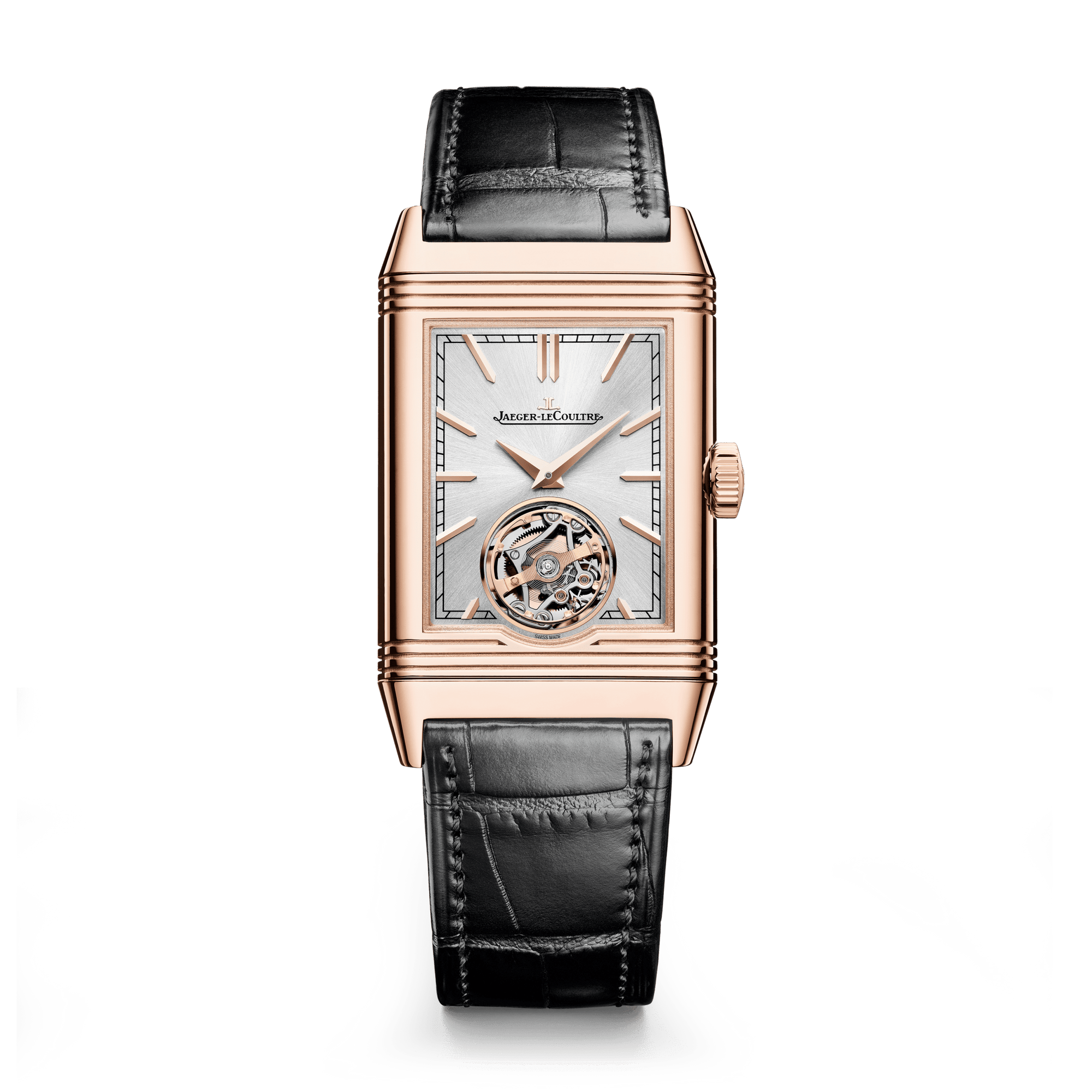 Jaeger-LeCoultre Reverso Tribute Duoface Tourbillon 45.5 x 27.4 mm Silvered Grey Dial Pink Gold   Leather Strap Q392242J - WATCHXNYC