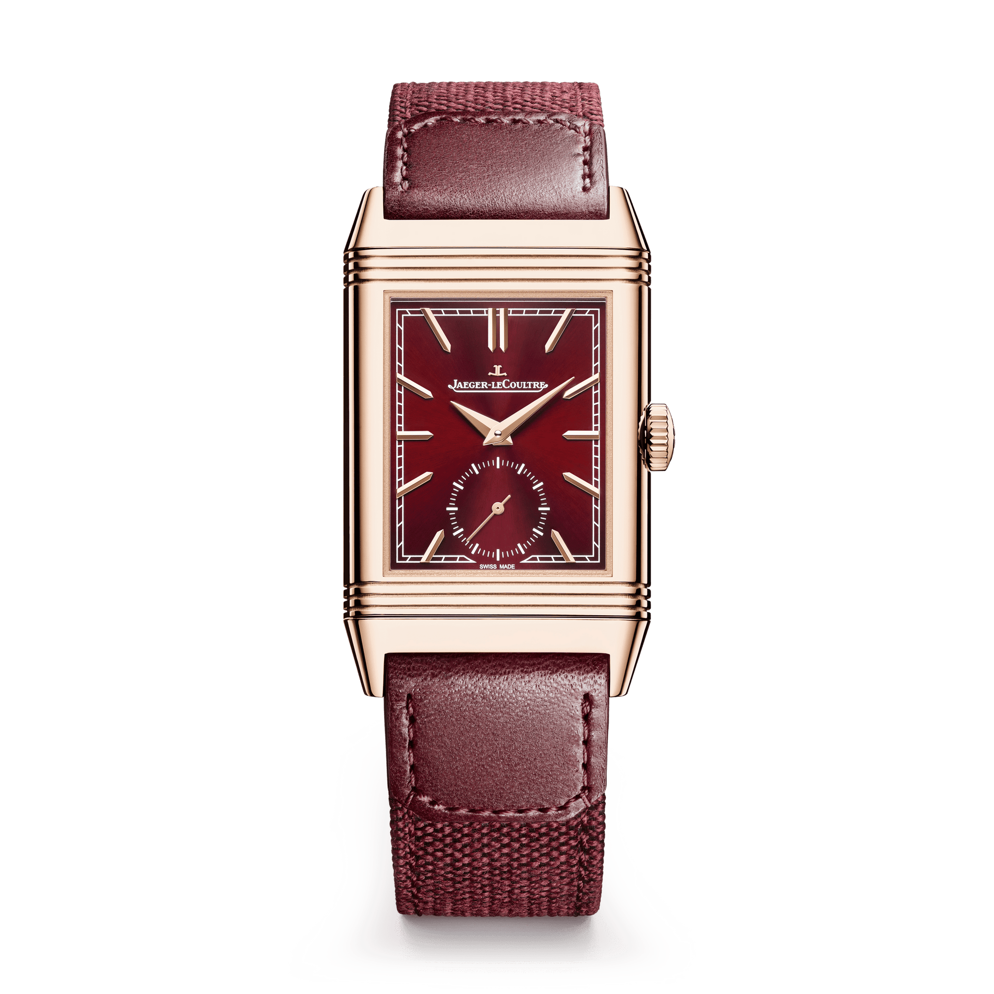 Jaeger-LeCoultre Reverso Tribute Monoface Small Seconds 45.6 x 27.4 mm Burgundy Dial Pink Gold   Leather Strap Q713256J - WATCHXNYC