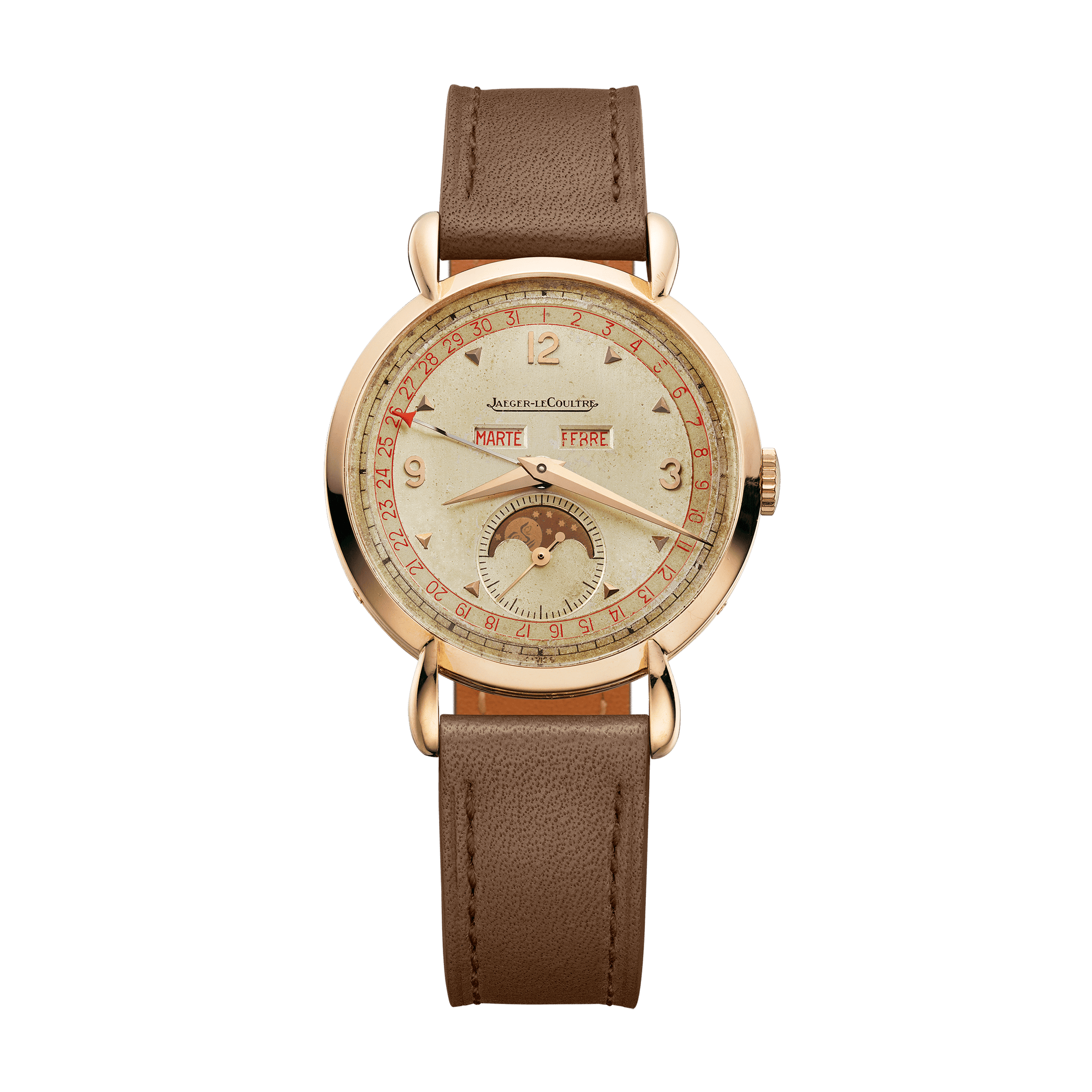 Jaeger-LeCoultre THE COLLECTIBLES Calendar 35 mm Beige Dial 18k Yellow Gold   Leather Strap QVE27221 - WATCHXNYC