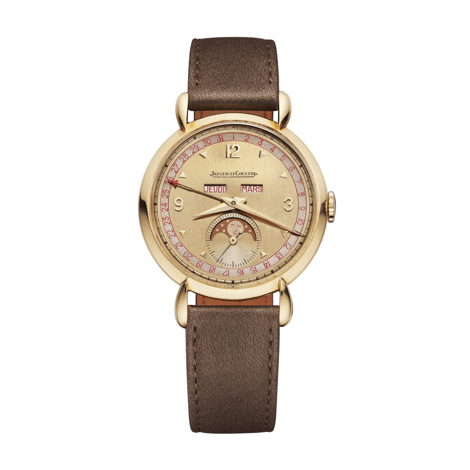 Jaeger-LeCoultre THE COLLECTIBLES Triple Calendar 35 mm Beige Dial 18k Yellow Gold   Leather Strap QVE27222 - WATCHXNYC