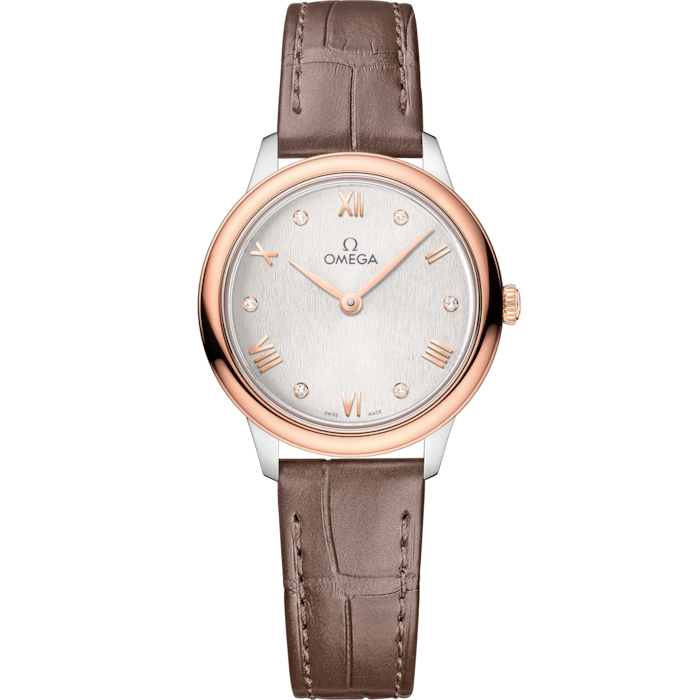 Omega De Ville Prestige 27.5 mm Silver Dial with Diamonds  Stainless Steel and Sedna™ 18k Rose Gold Strap 434.23.28.60.52.001 - WATCHXNYC