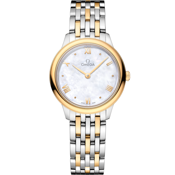 Omega De Ville Prestige 27.5 mm White Dial Stainless Steel and 18k Yellow Gold Bracelet 434.20.28.60.05.001 - WATCHXNYC