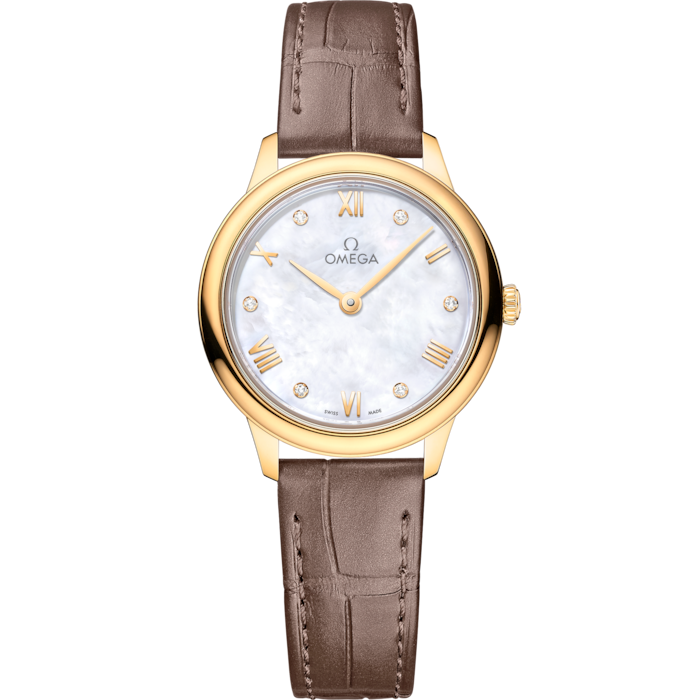 Omega De Ville Prestige 27.5 mm White Dial with Diamonds 18k Yellow Gold Strap 434.53.28.60.55.002 - WATCHXNYC