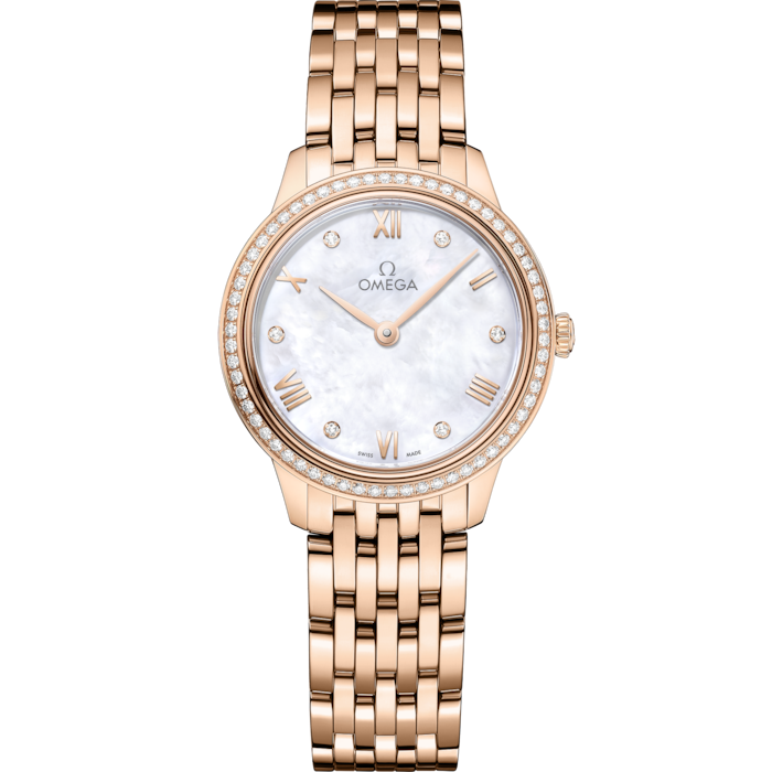 Omega De Ville Prestige 27.5 mm White Dial with Diamonds Sedna 18k Rose Gold Bracelet 434.55.28.60.55.001 - WATCHXNYC