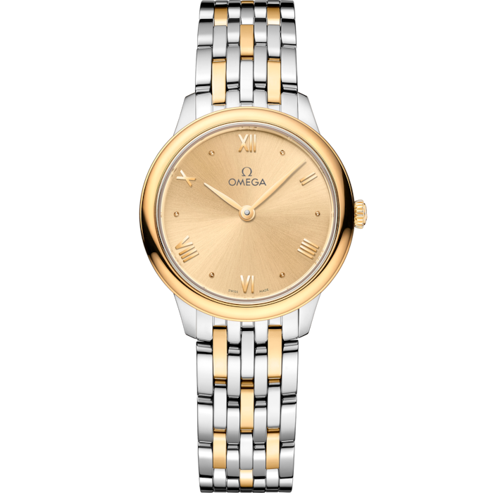 Omega De Ville Prestige 27.5 mm Yellow Dial Stainless Steel and 18k Yellow Gold Bracelet 434.20.28.60.08.001 - WATCHXNYC