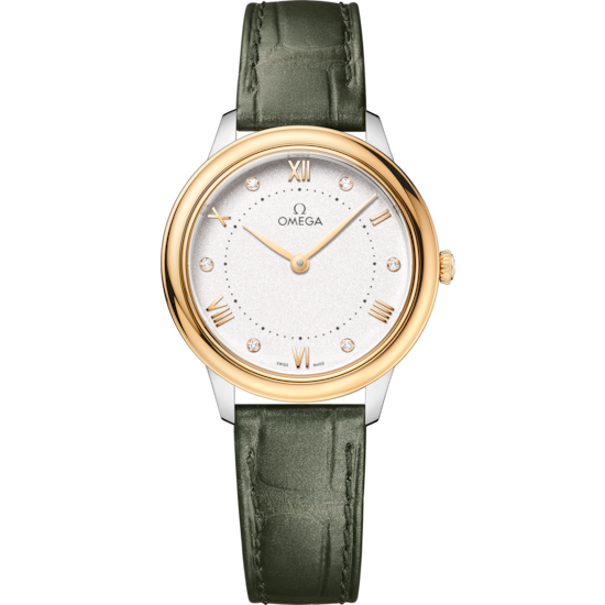 Omega De Ville Prestige 30 mm Silver Dial with Diamonds Stainless Steel and 18k Yellow Gold Strap 434.23.30.60.52.002 - WATCHXNYC