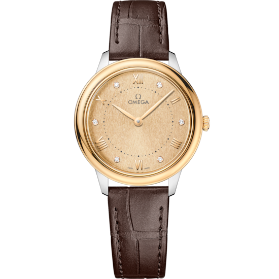 Omega De Ville Prestige 30 mm Yellow Dial with Diamonds Stainless Steel and 18k Yellow Gold Strap 434.23.30.60.58.001 - WATCHXNYC