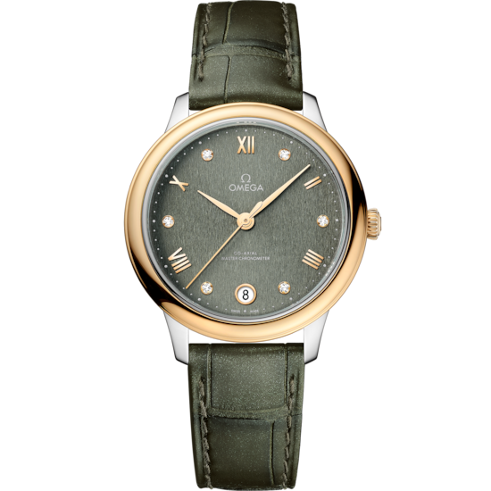 Omega De Ville Prestige 34 mm Green Dial with Diamonds Stainless Steel and 18k Yellow Gold Strap 434.23.34.20.60.001 - WATCHXNYC