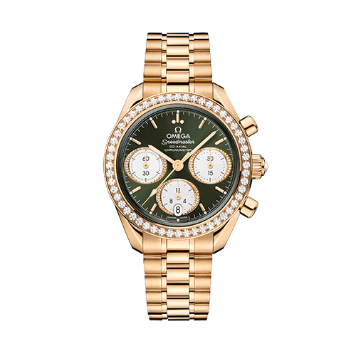 Omega Speedmaster 38  Green Dial  38 mm with Diamonds  Moonshine™ 18k Rose Gold Bracelet 324.55.38.50.60.001 - WATCHXNYC